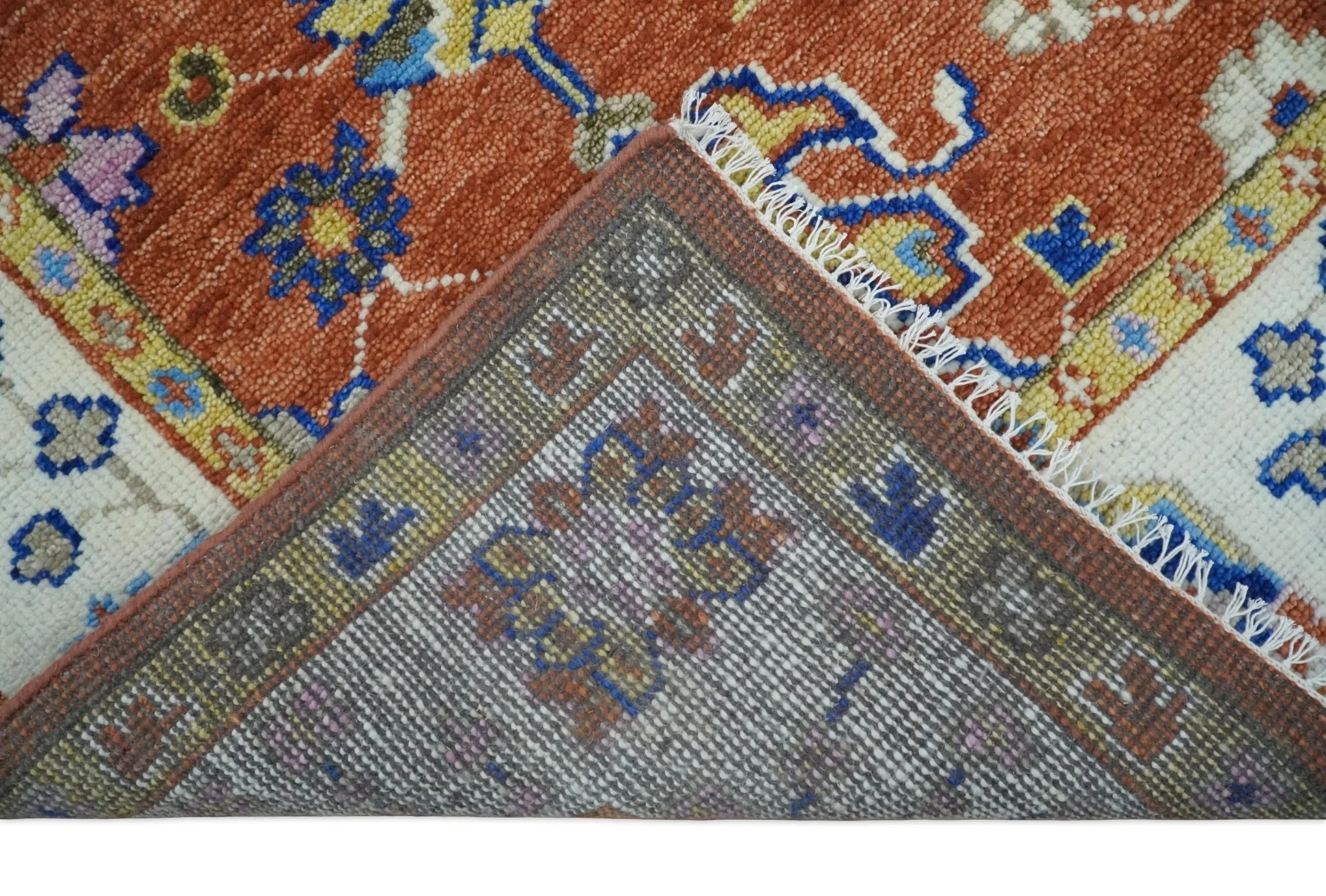 Rust, Ivory and Blue Hand Knotted Oriental Oushak Custom Made wool Area Rug - Image 8