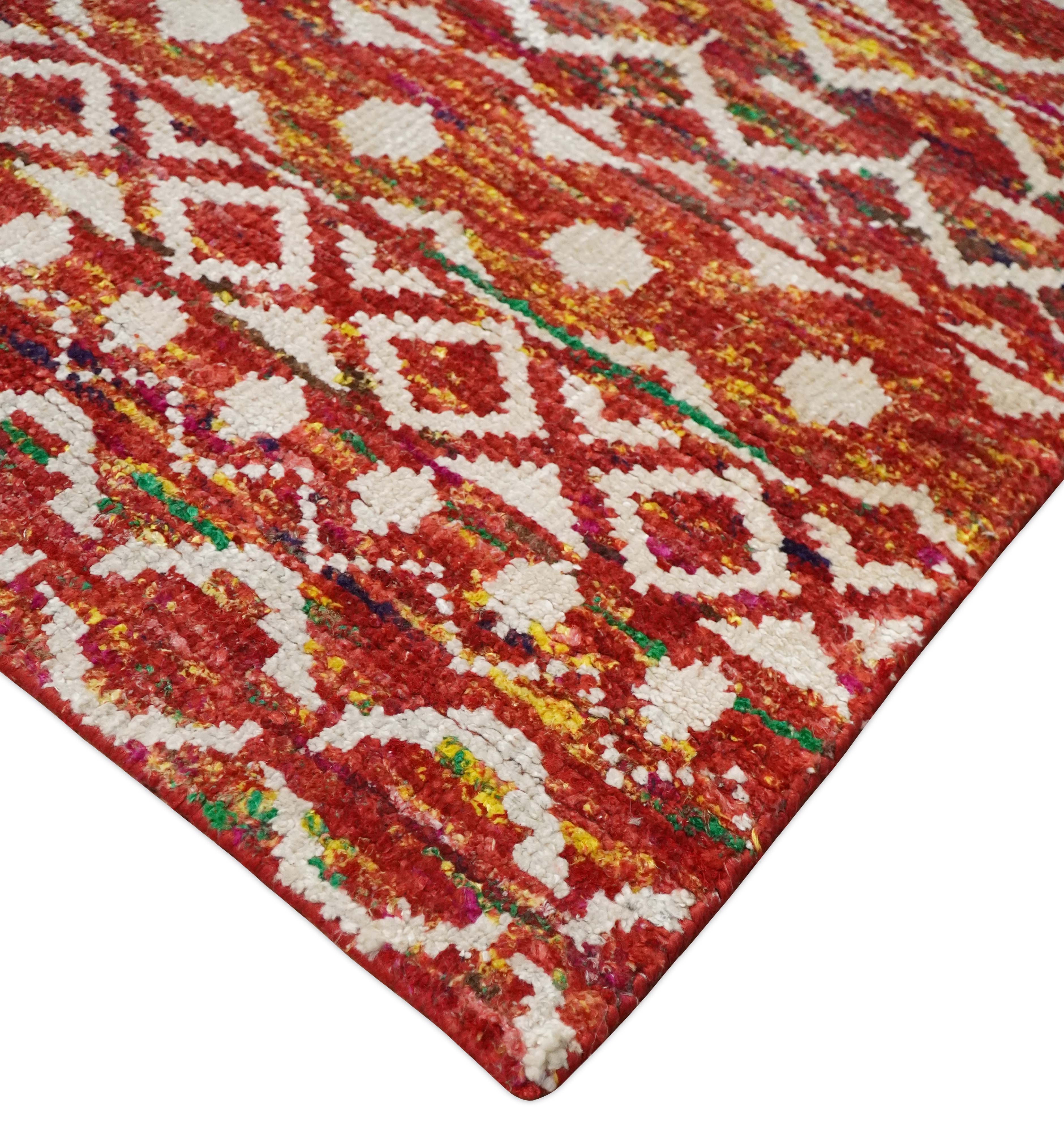 4x6 and 8x10 Hand Knotted Rust, Gold and White Modern Contemporary Southwestern Tribal Trellis Recycled Silk Area Rug | OP5 - Image 10