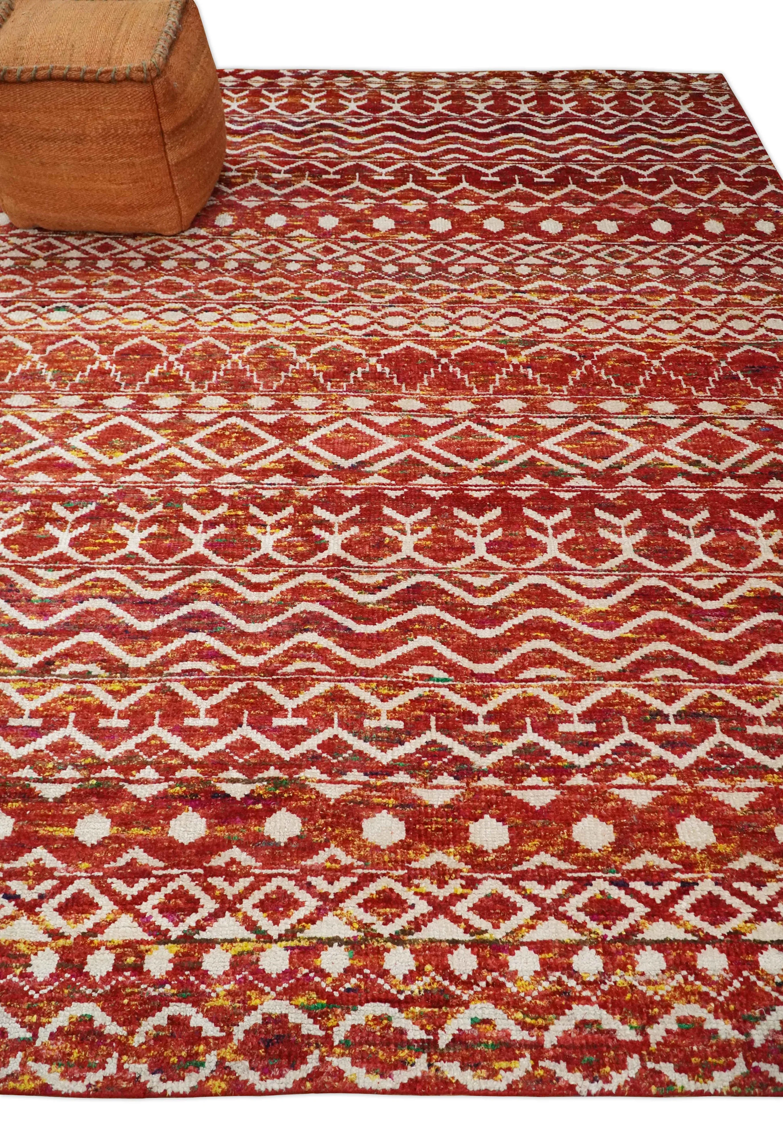 4x6 and 8x10 Hand Knotted Rust, Gold and White Modern Contemporary Southwestern Tribal Trellis Recycled Silk Area Rug | OP5 - Image 2