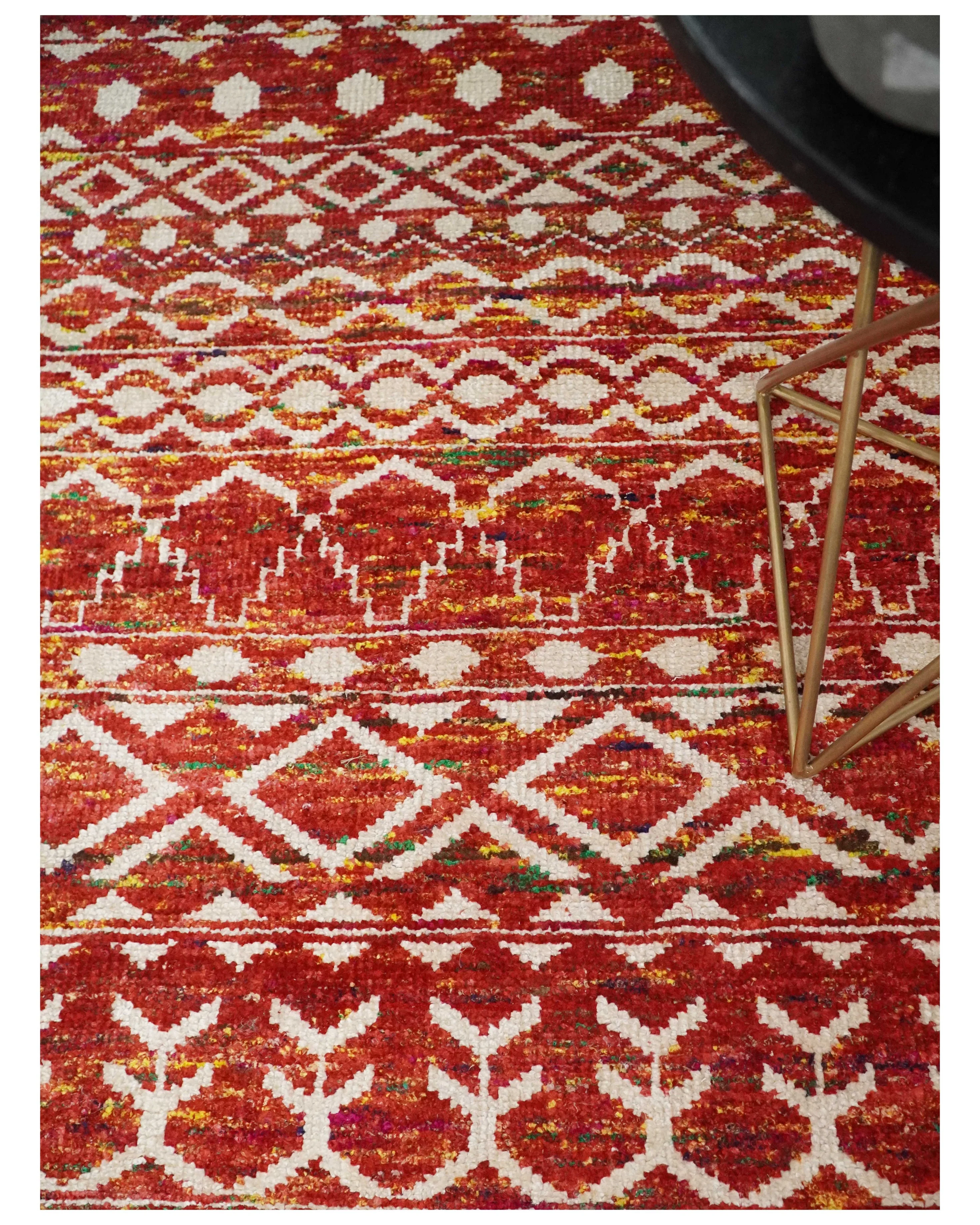 4x6 and 8x10 Hand Knotted Rust, Gold and White Modern Contemporary Southwestern Tribal Trellis Recycled Silk Area Rug | OP5 - Image 3
