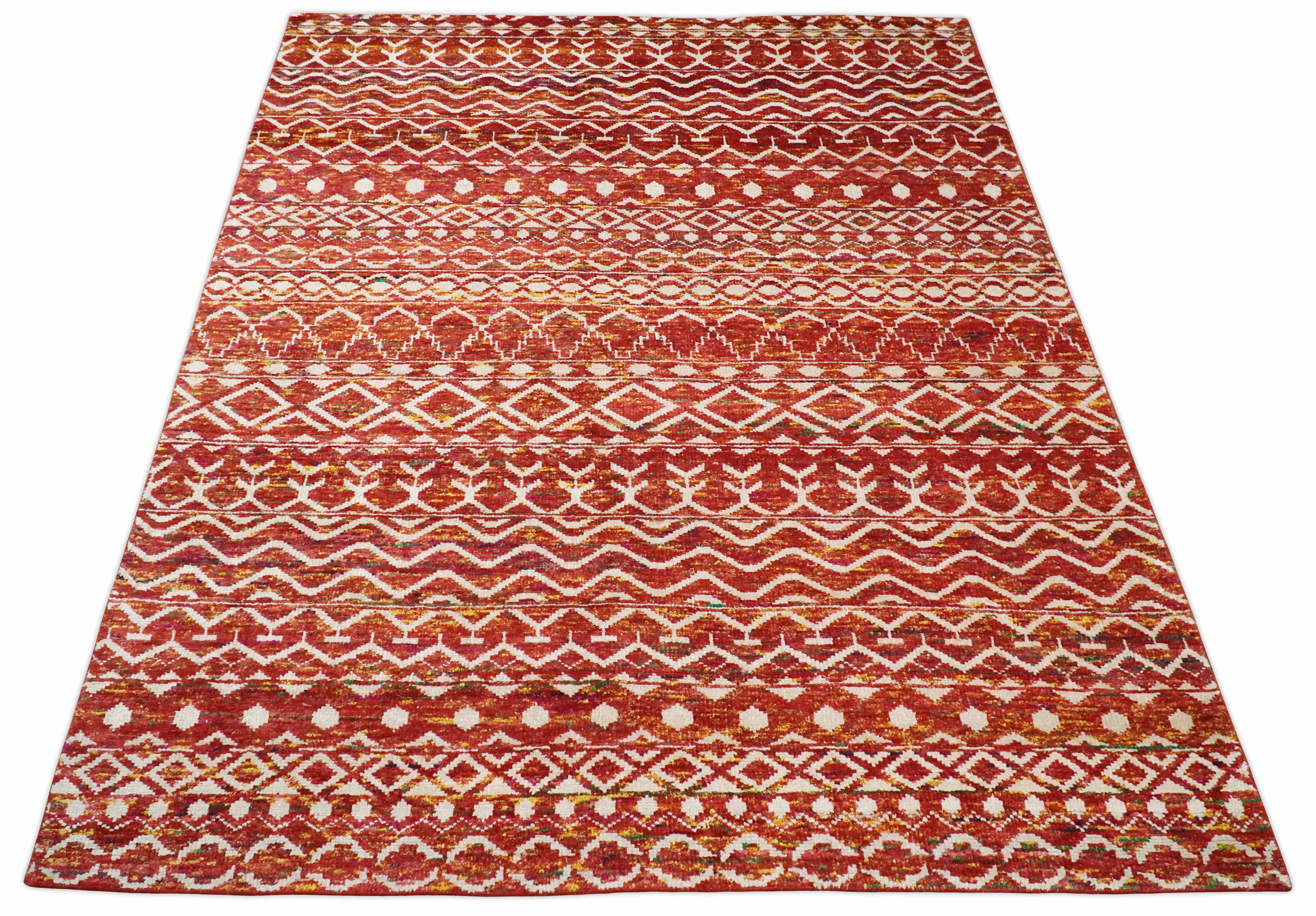 4x6 and 8x10 Hand Knotted Rust, Gold and White Modern Contemporary Southwestern Tribal Trellis Recycled Silk Area Rug | OP5 - Image 4