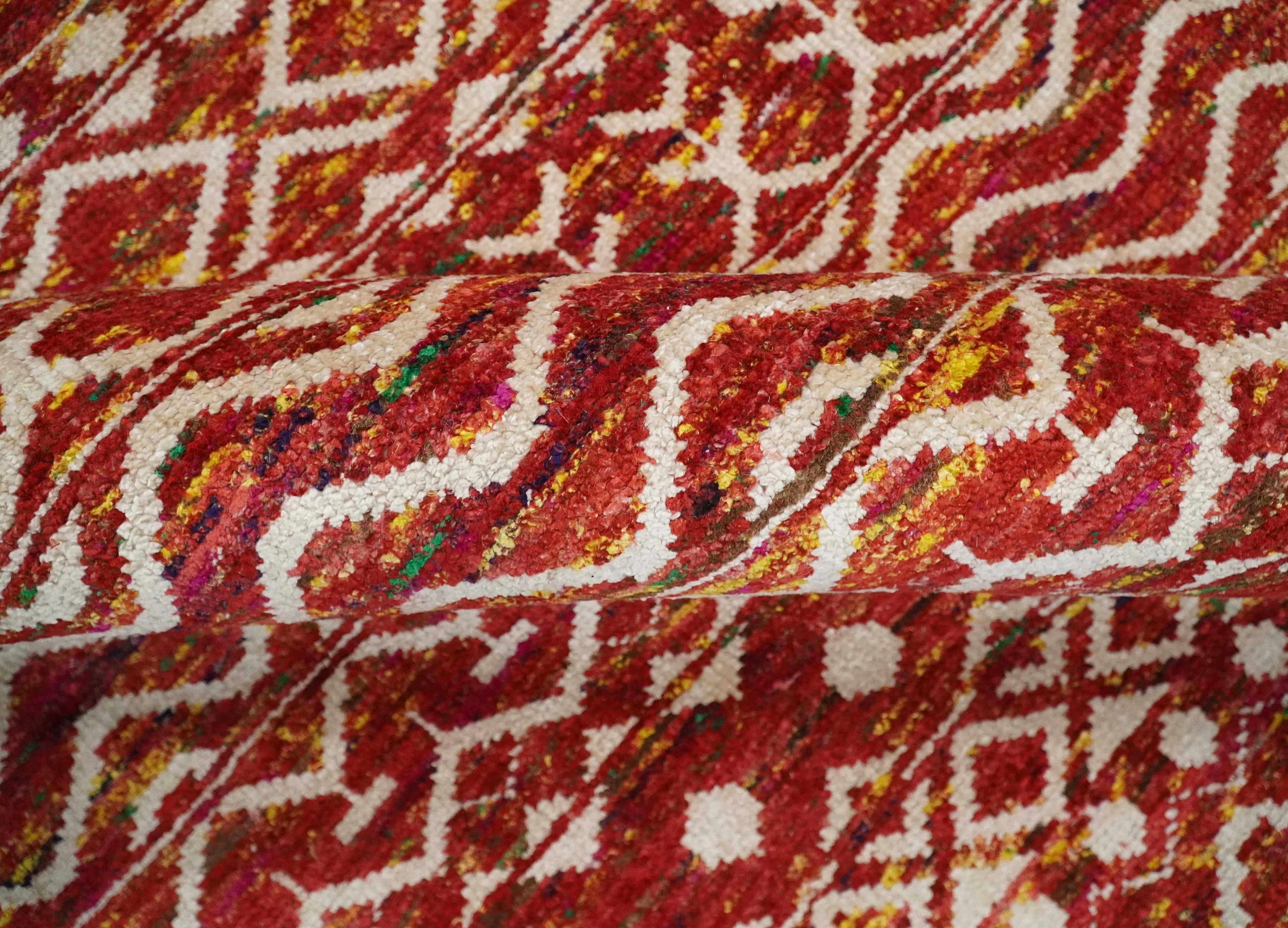 4x6 and 8x10 Hand Knotted Rust, Gold and White Modern Contemporary Southwestern Tribal Trellis Recycled Silk Area Rug | OP5 - Image 6