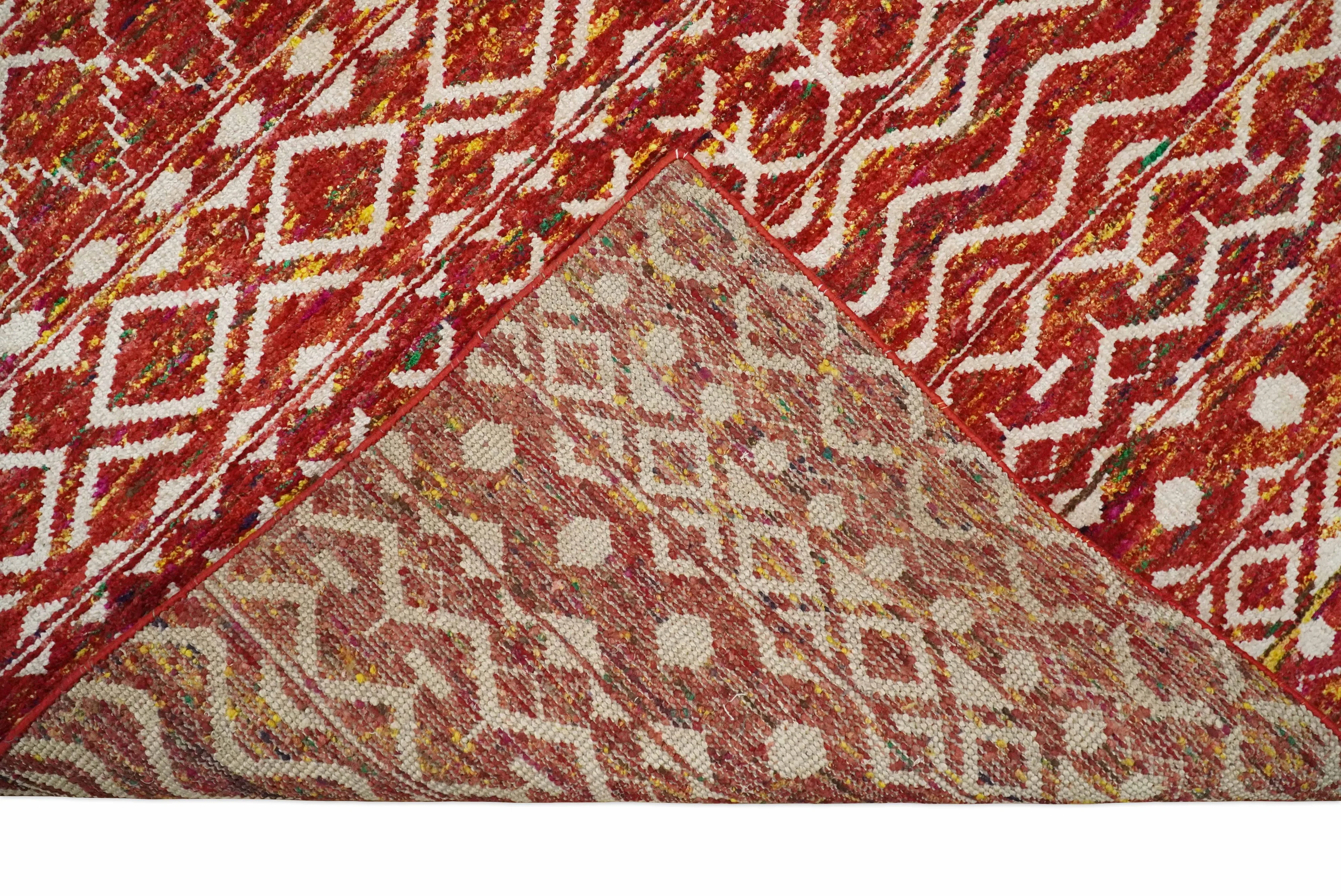 4x6 and 8x10 Hand Knotted Rust, Gold and White Modern Contemporary Southwestern Tribal Trellis Recycled Silk Area Rug | OP5 - Image 8