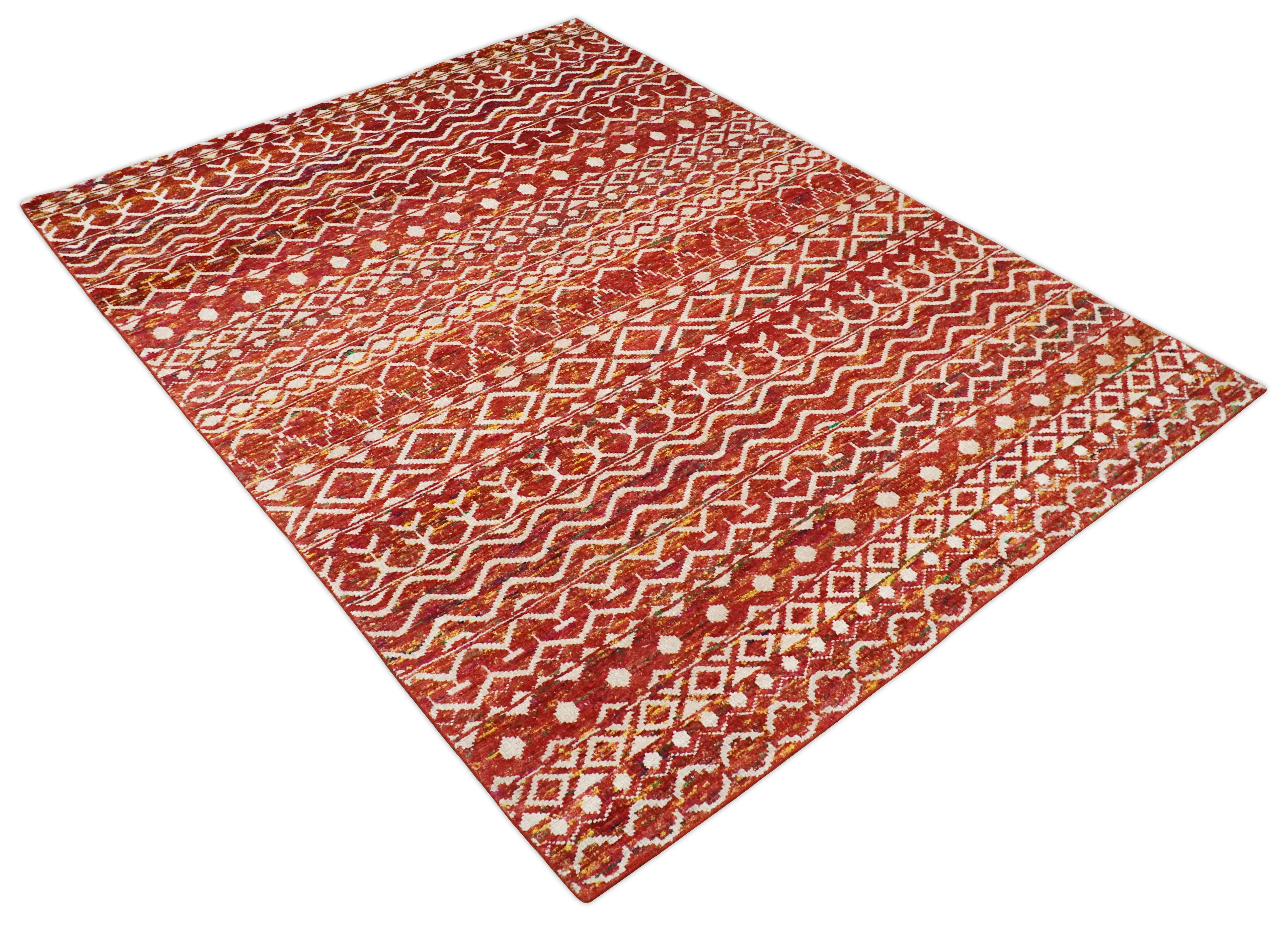4x6 and 8x10 Hand Knotted Rust, Gold and White Modern Contemporary Southwestern Tribal Trellis Recycled Silk Area Rug | OP5 - Image 9