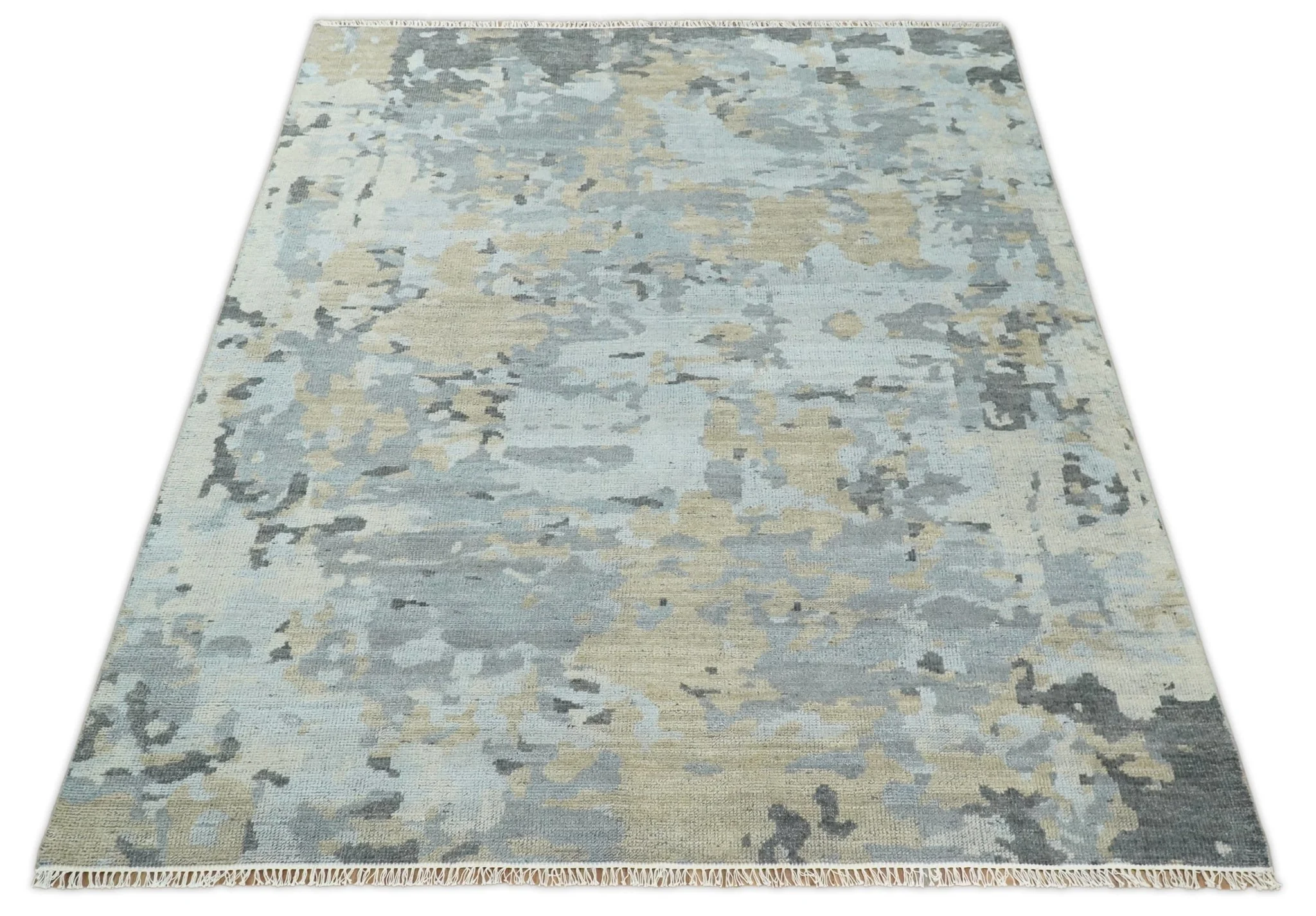 8x10 Hand Knotted Silver and Beige Modern Abstract Low Pile Contemporary Wool Rug | TRD2652 - Image 11