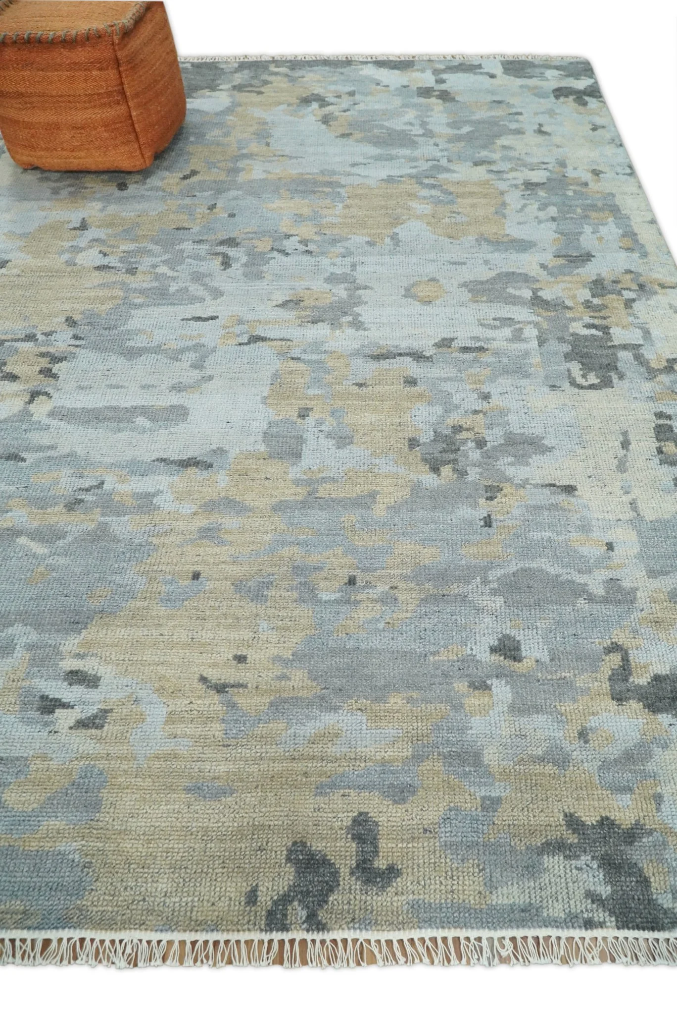 8x10 Hand Knotted Silver and Beige Modern Abstract Low Pile Contemporary Wool Rug | TRD2652 - Image 3