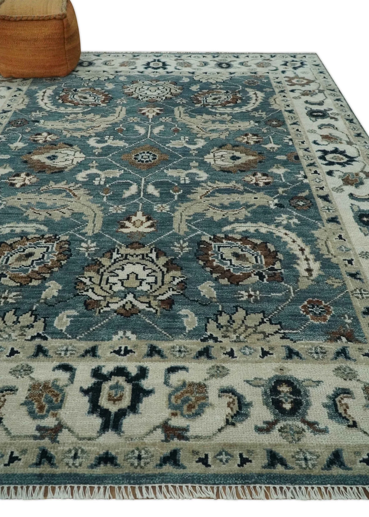8x10 Hand Knotted Blue and Ivory Traditional Antique Style Wool Area Rug | TRDCP1600810S - Image 3