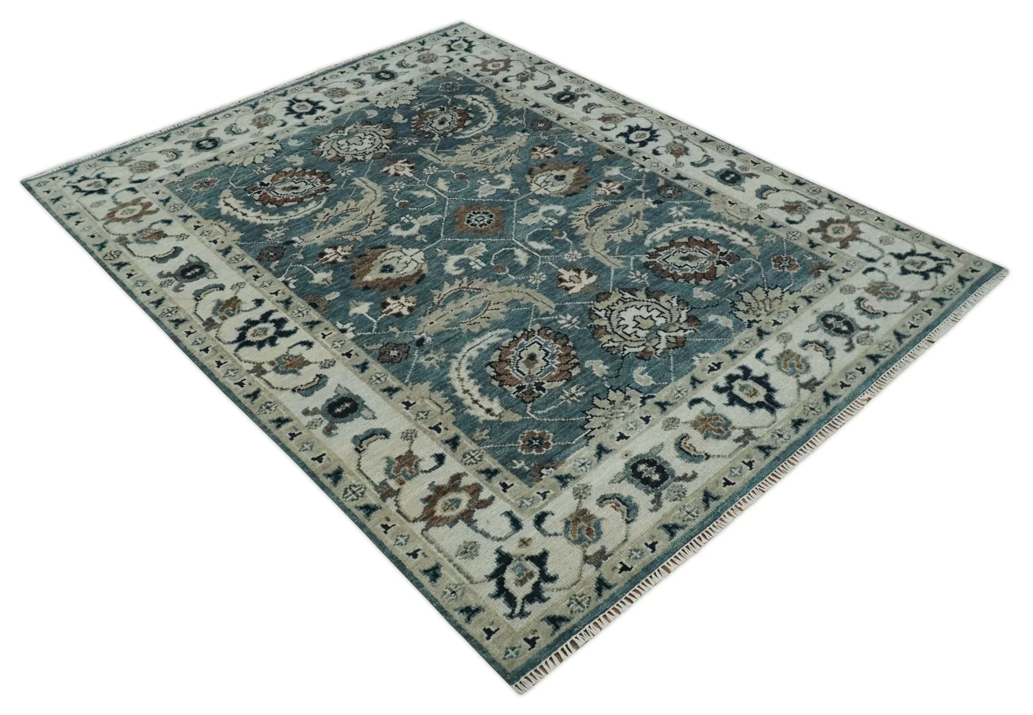 8x10 Hand Knotted Blue and Ivory Traditional Antique Style Wool Area Rug | TRDCP1600810S - Image 8