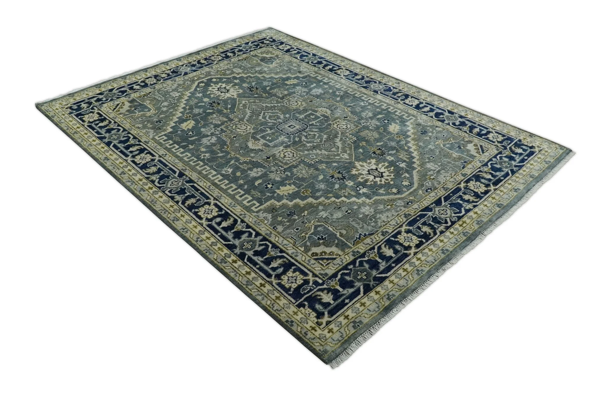 Custom Made Hand Knotted Antique Moss Gray Beige and Blue Traditional Heriz Serapi Wool Area Rug - Image 11