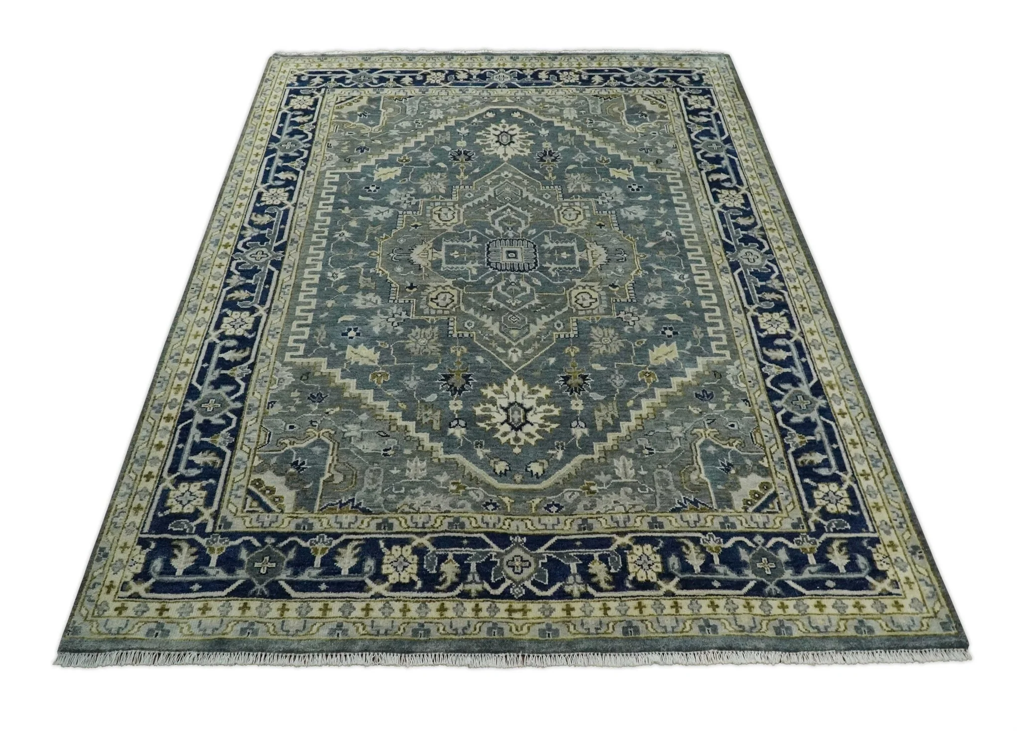 Custom Made Hand Knotted Antique Moss Gray Beige and Blue Traditional Heriz Serapi Wool Area Rug - Image 12