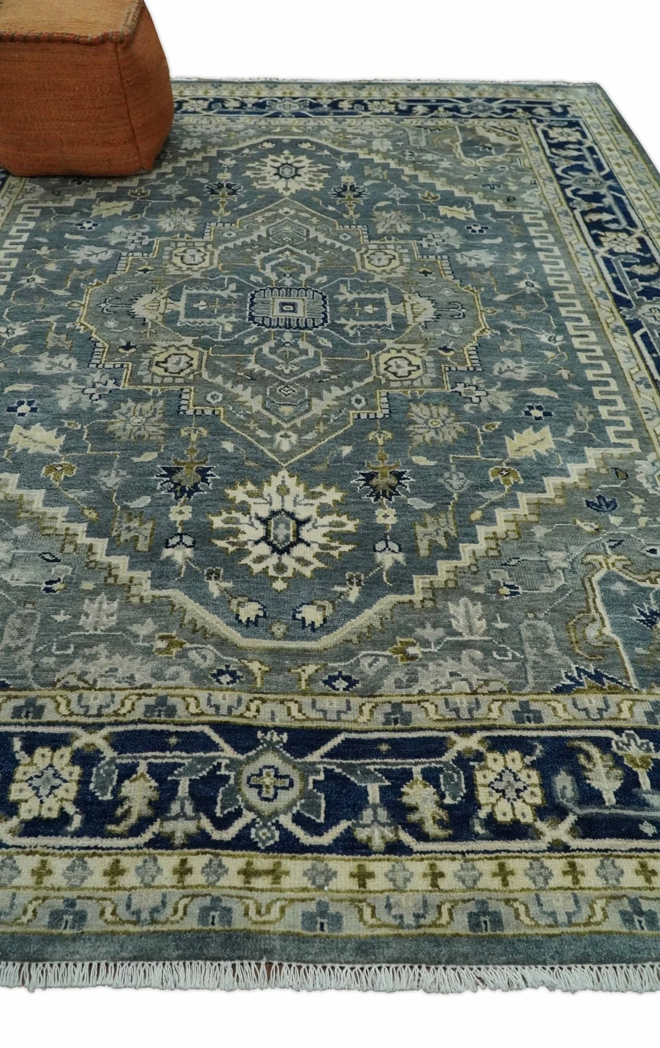 Custom Made Hand Knotted Antique Moss Gray Beige and Blue Traditional Heriz Serapi Wool Area Rug - Image 3