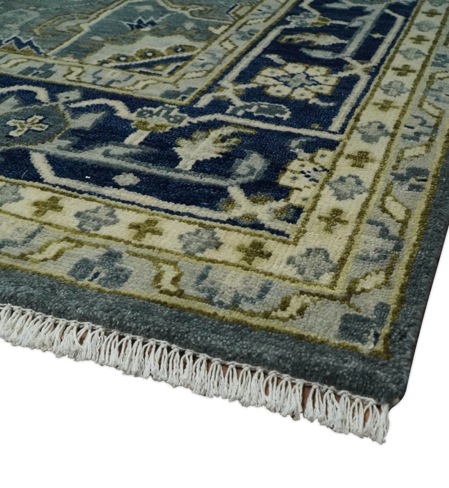Custom Made Hand Knotted Antique Moss Gray Beige and Blue Traditional Heriz Serapi Wool Area Rug - Image 5