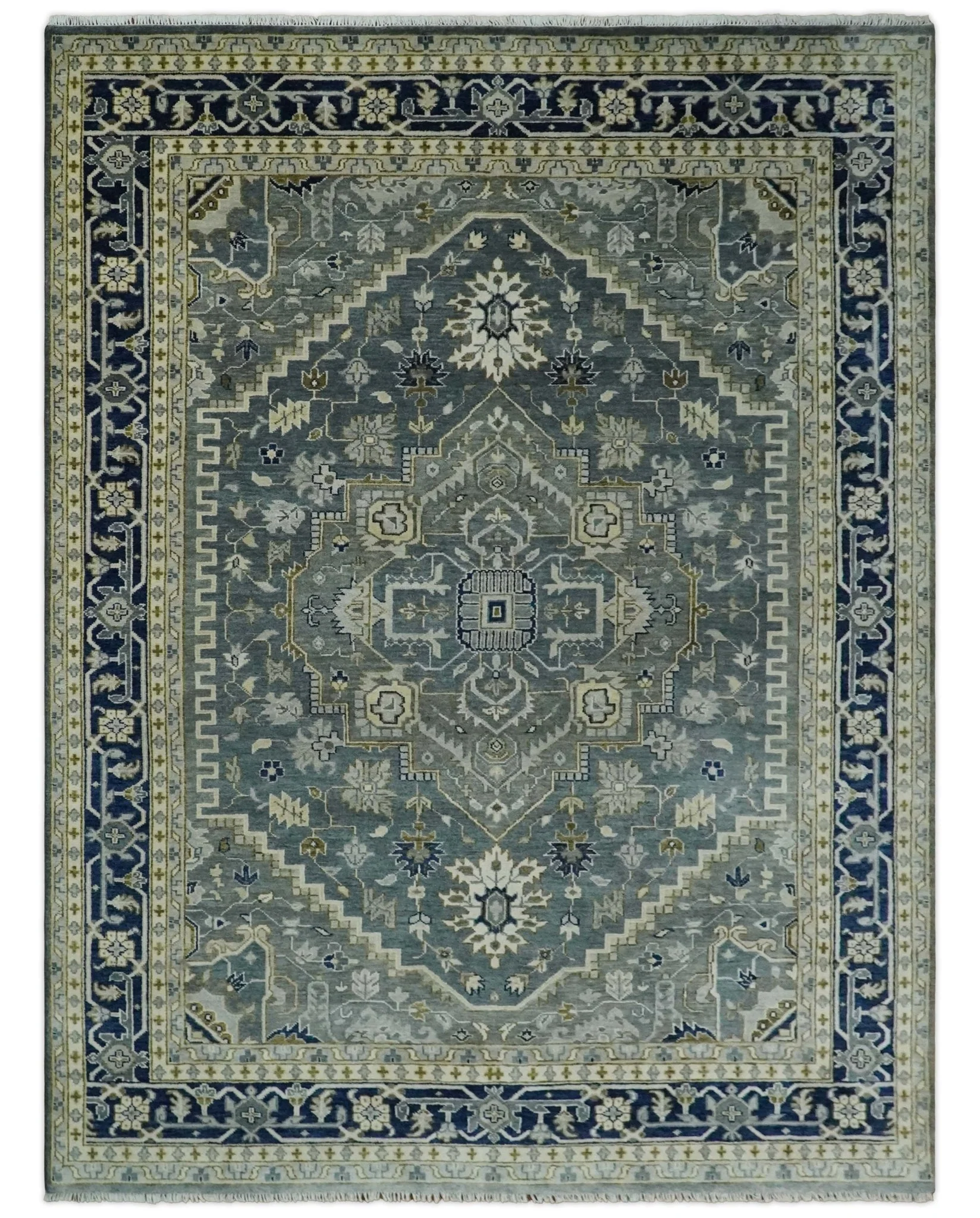 Custom Made Hand Knotted Antique Moss Gray Beige and Blue Traditional Heriz Serapi Wool Area Rug - Image 8