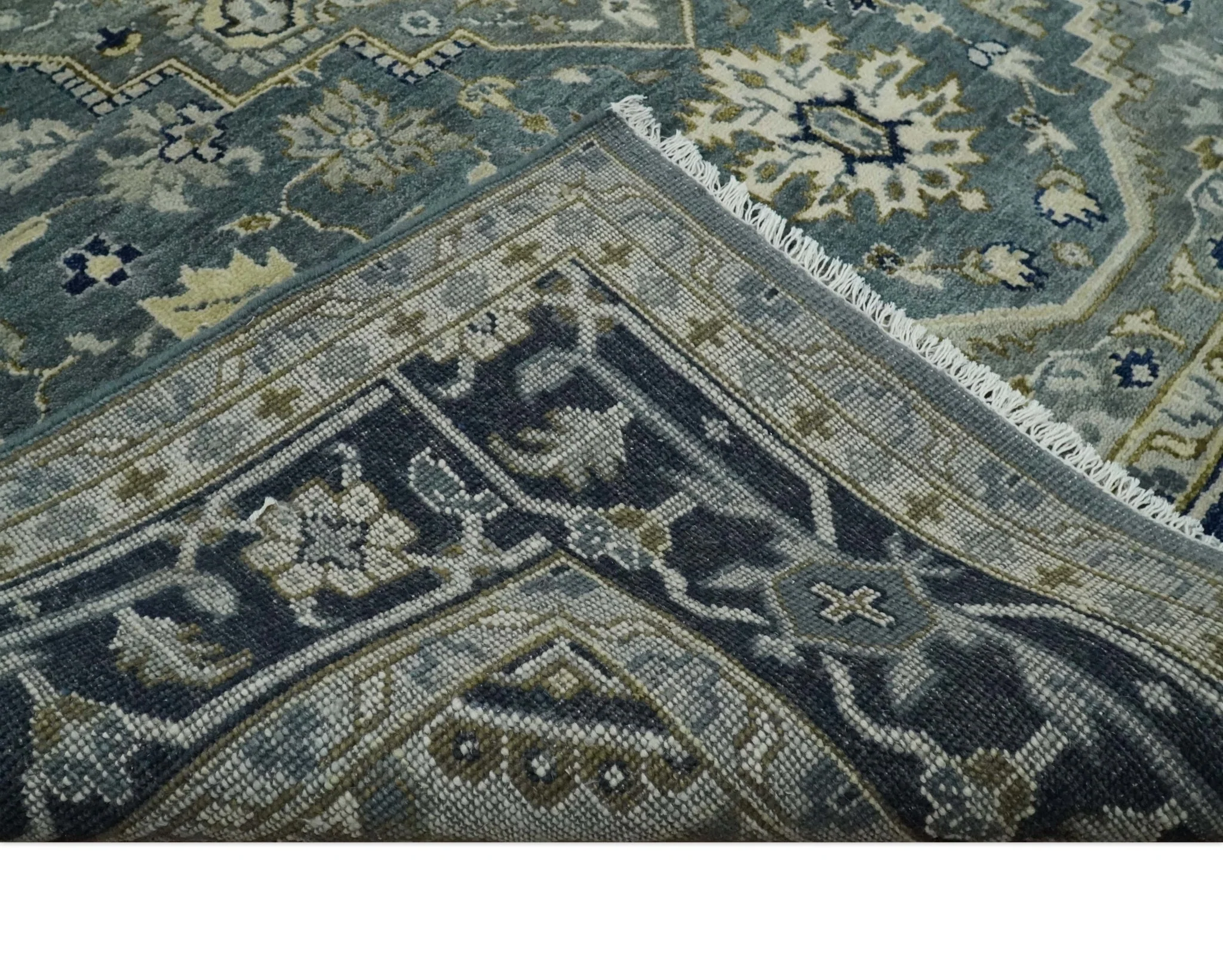 Custom Made Hand Knotted Antique Moss Gray Beige and Blue Traditional Heriz Serapi Wool Area Rug - Image 9