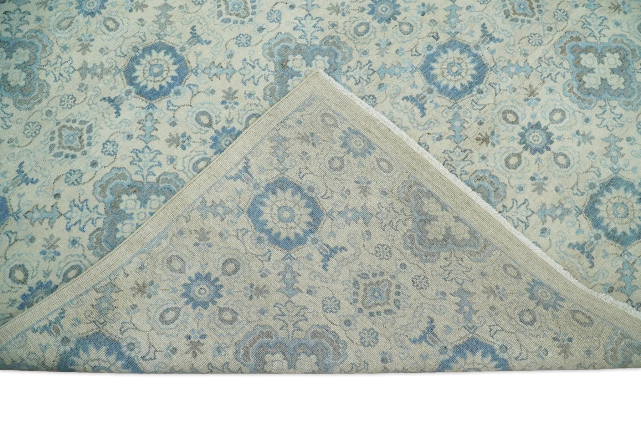 Vintage 8x10 Hand Knotted Traditional Ivory and Blue Oxidized Textured Low Pile Wool Rug | TRD1650810 - Image 10