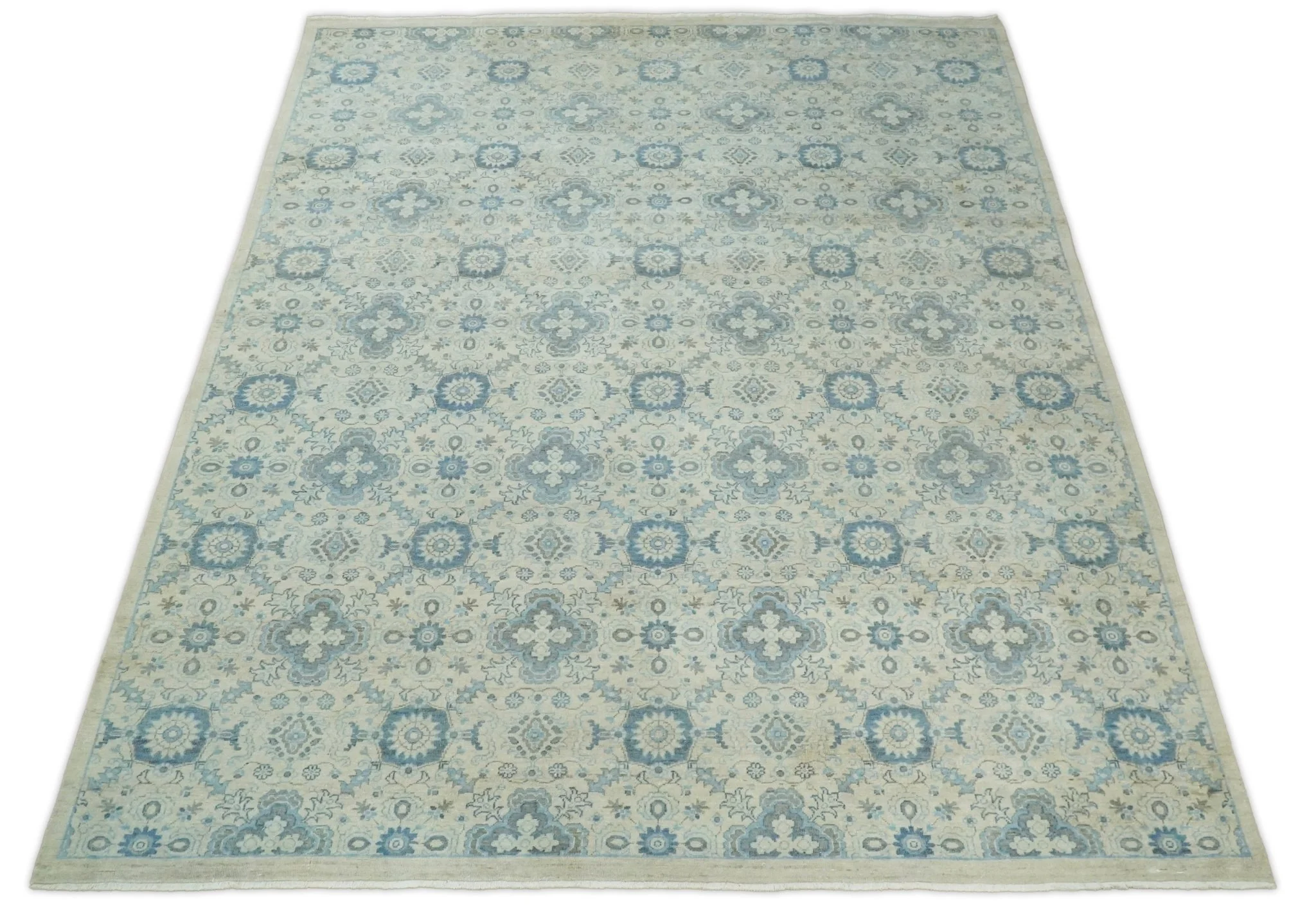 Vintage 8x10 Hand Knotted Traditional Ivory and Blue Oxidized Textured Low Pile Wool Rug | TRD1650810 - Image 3