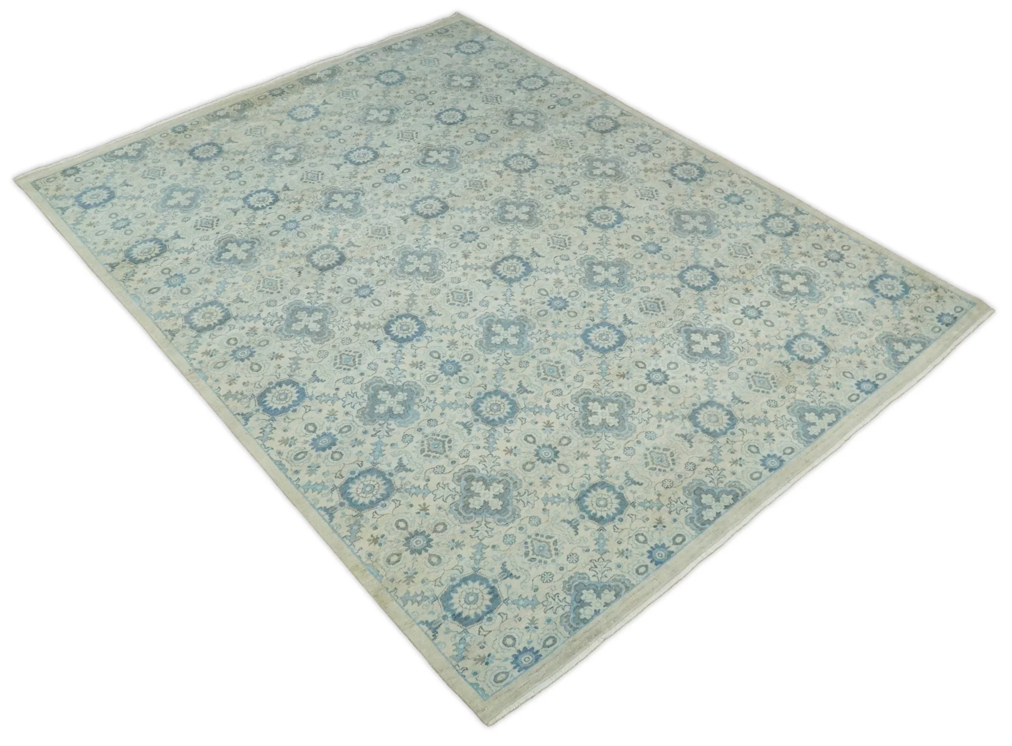 Vintage 8x10 Hand Knotted Traditional Ivory and Blue Oxidized Textured Low Pile Wool Rug | TRD1650810 - Image 9