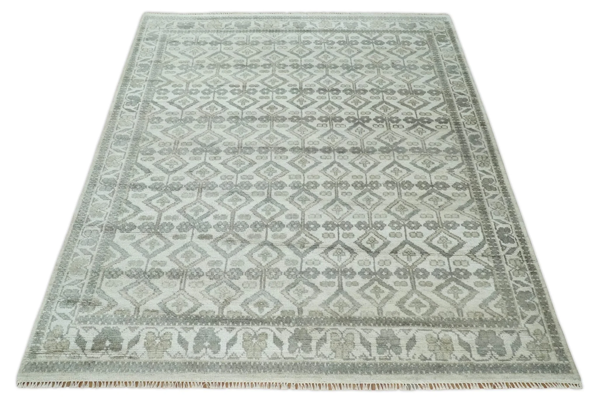 8x10 Hand Knotted Turkish Ivory and Silver Traditional Antique Persian Area Rug | TRDCP1120810S - Image 9
