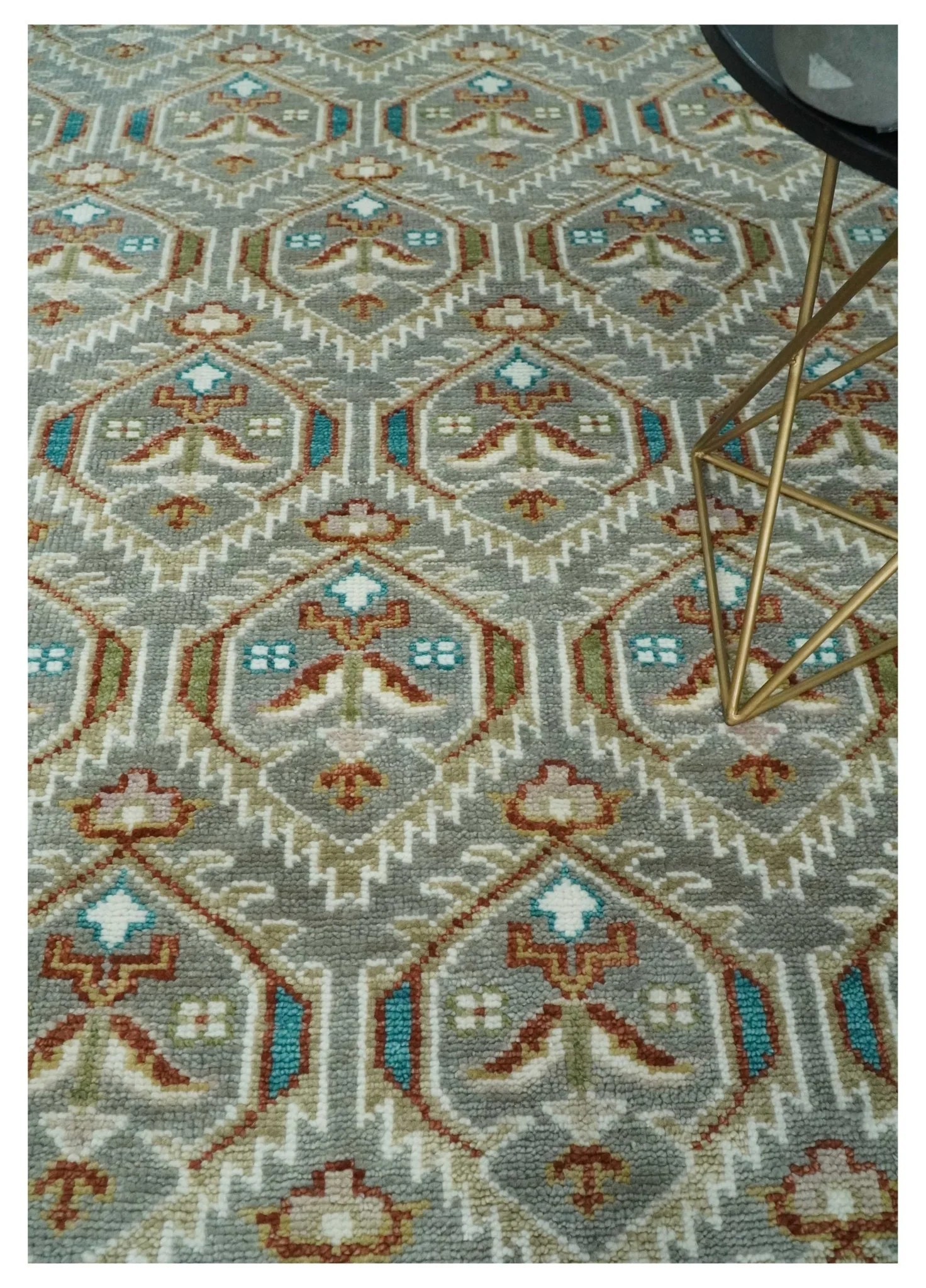 8x10 Hand Knotted Turkish Style Silver, Ivory and Rust Traditional Pile Area Rug, Repeat Design - Image 2