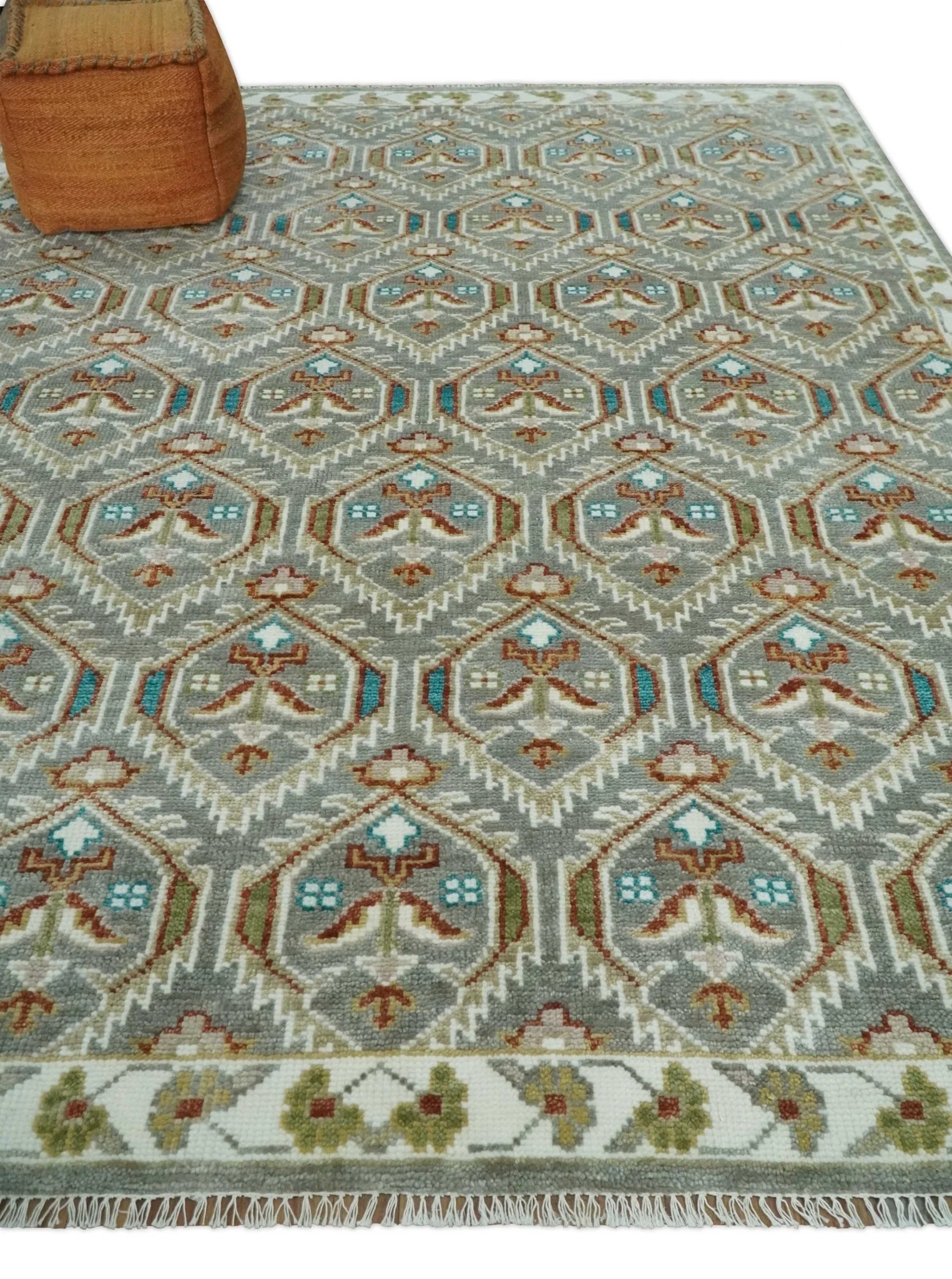 8x10 Hand Knotted Turkish Style Silver, Ivory and Rust Traditional Pile Area Rug, Repeat Design - Image 3