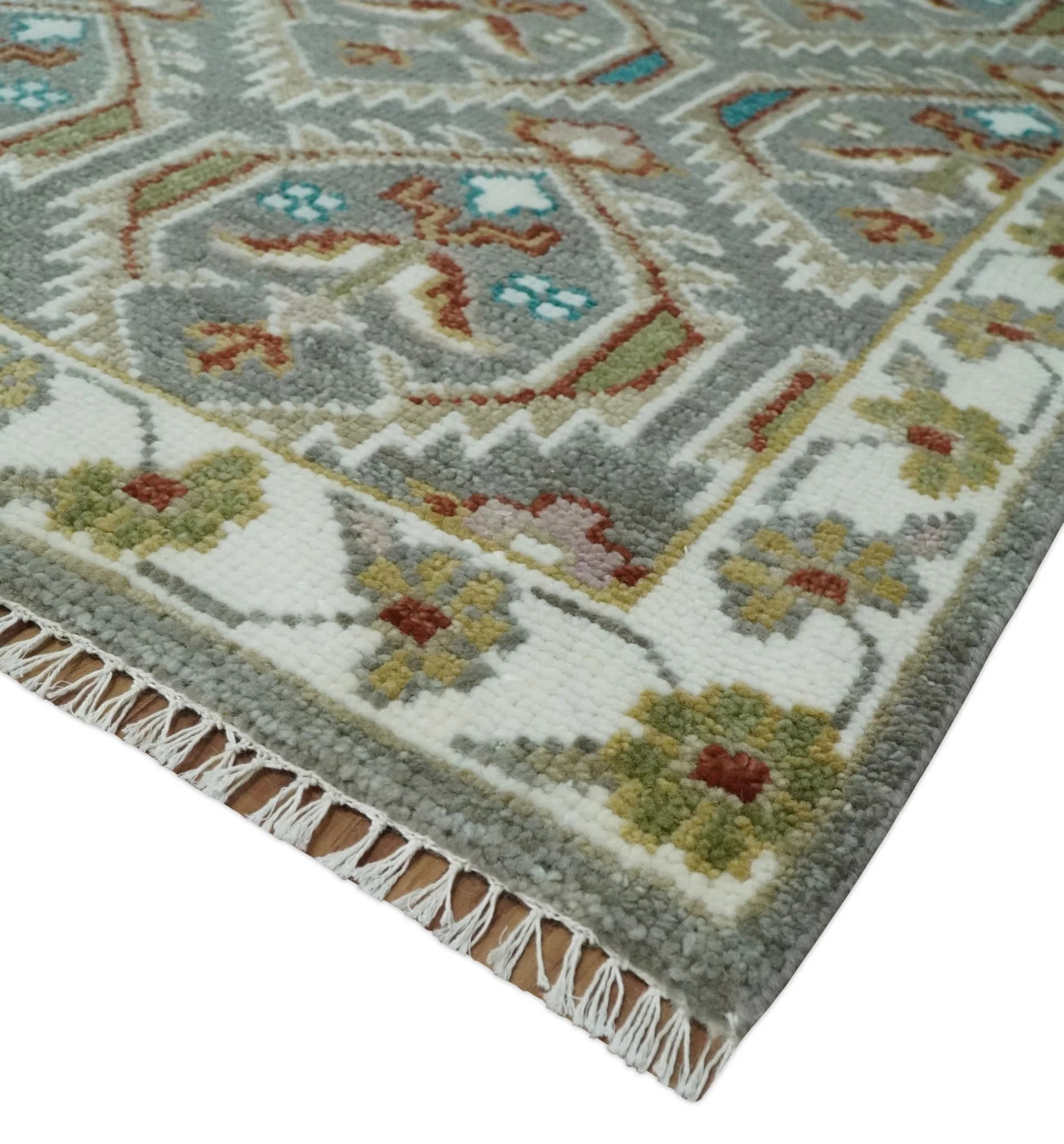 8x10 Hand Knotted Turkish Style Silver, Ivory and Rust Traditional Pile Area Rug, Repeat Design - Image 5