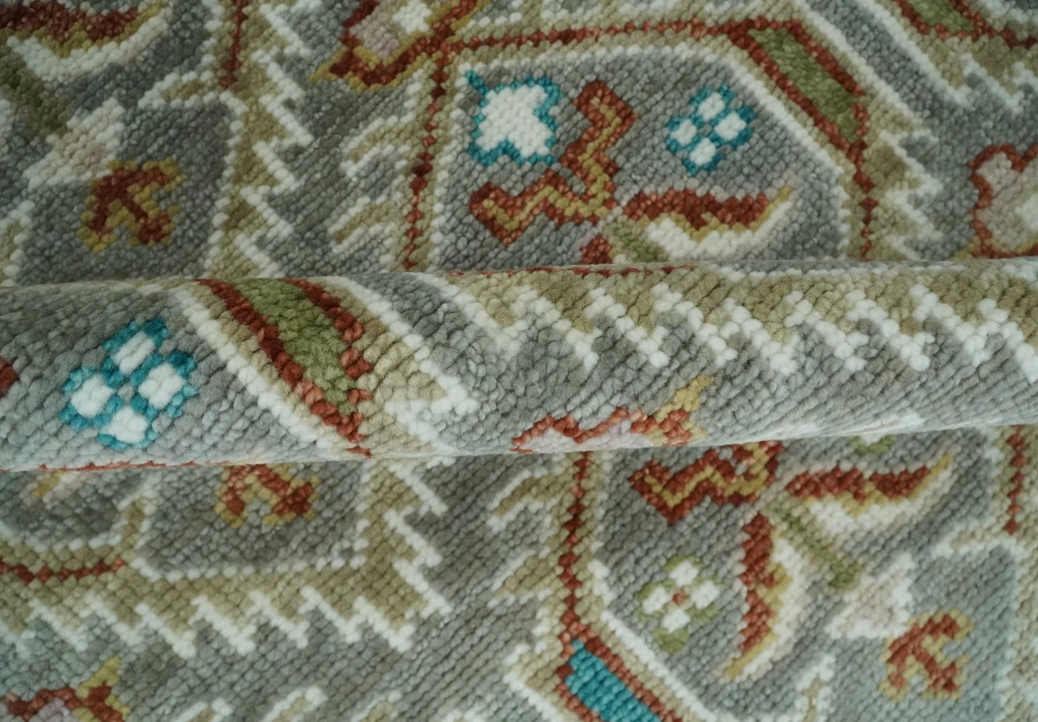 8x10 Hand Knotted Turkish Style Silver, Ivory and Rust Traditional Pile Area Rug, Repeat Design - Image 6
