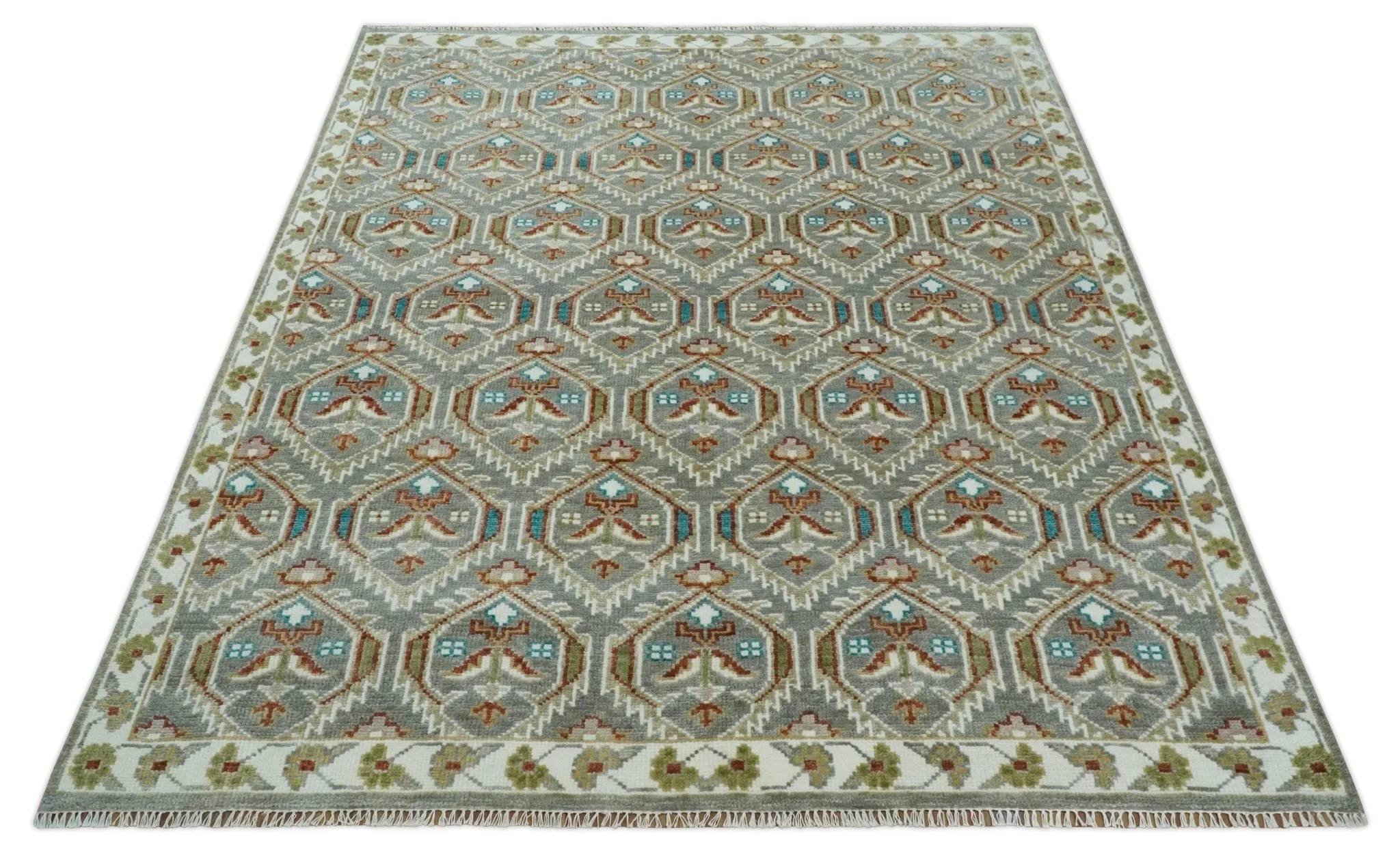 8x10 Hand Knotted Turkish Style Silver, Ivory and Rust Traditional Pile Area Rug, Repeat Design - Image 9