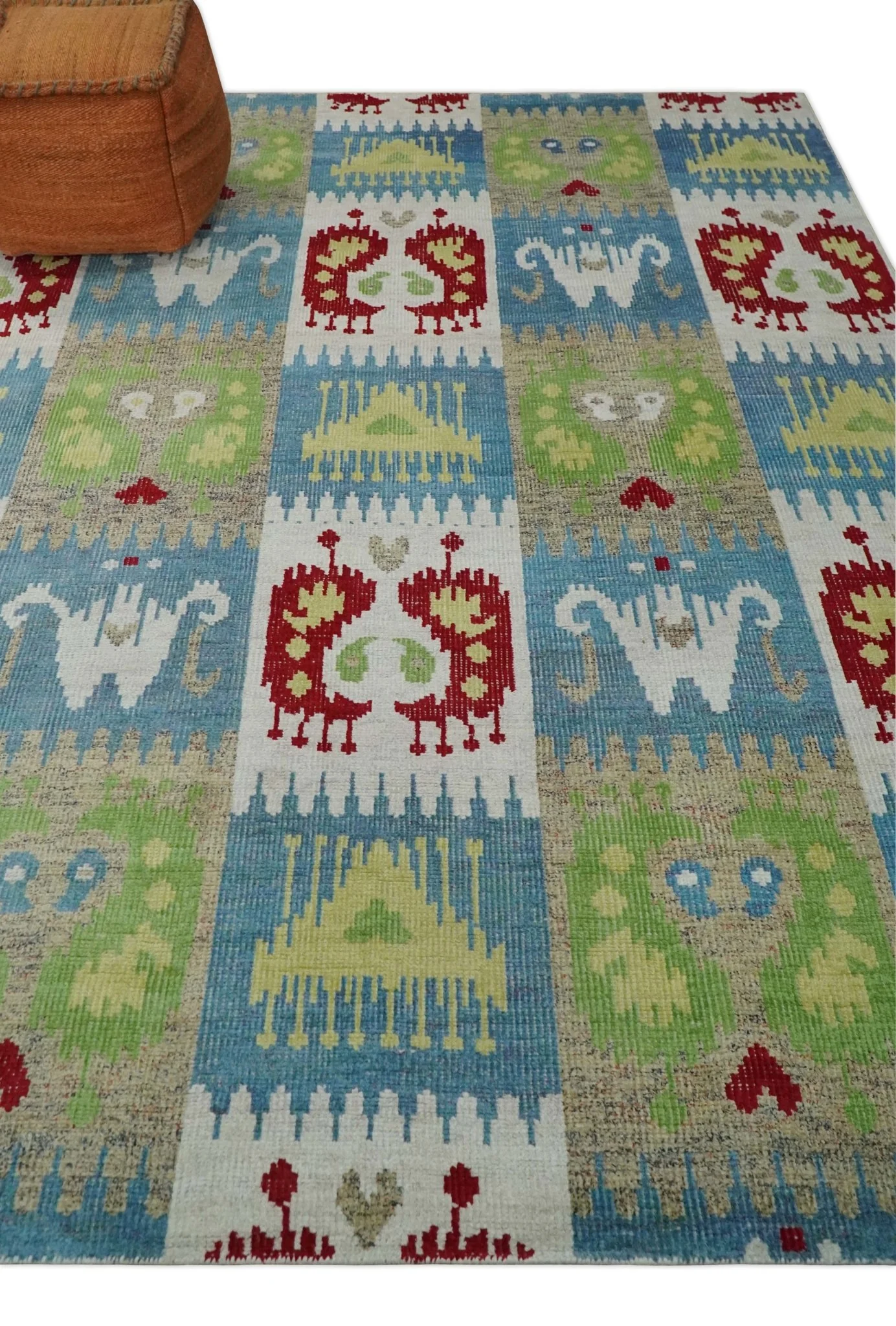 8x10 Hand Knotted White, Blue and Rust Modern Tribal Style Contemporary Recycled Silk Area Rug | OP45 - Image 3