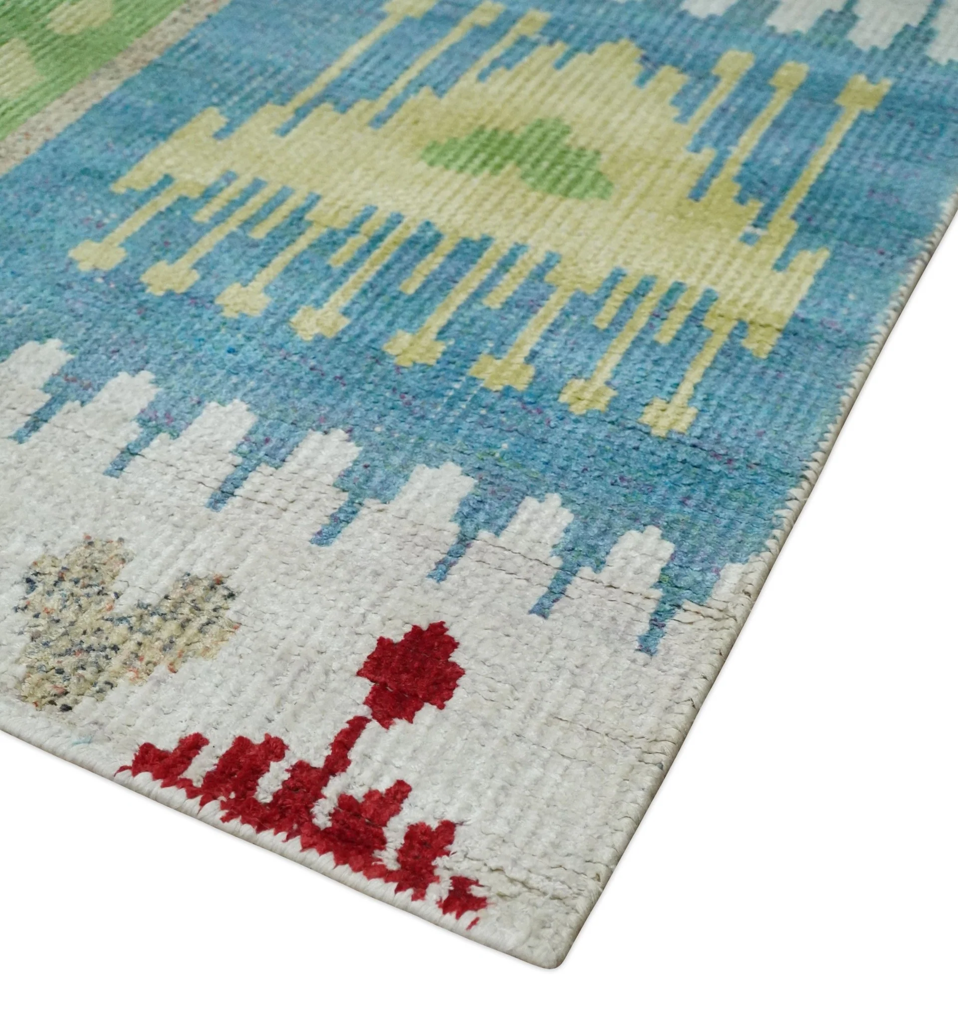 8x10 Hand Knotted White, Blue and Rust Modern Tribal Style Contemporary Recycled Silk Area Rug | OP45 - Image 6