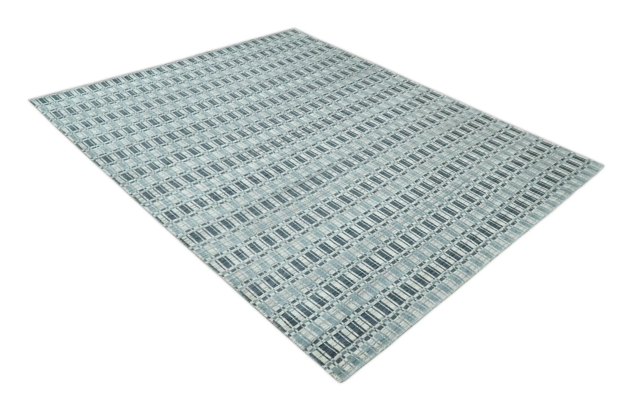 8x10 Hand Made Checkered Beige, Blue and Charcoal Scandinavian Blended Wool Flatwoven Area Rug | KE30 - Image 10
