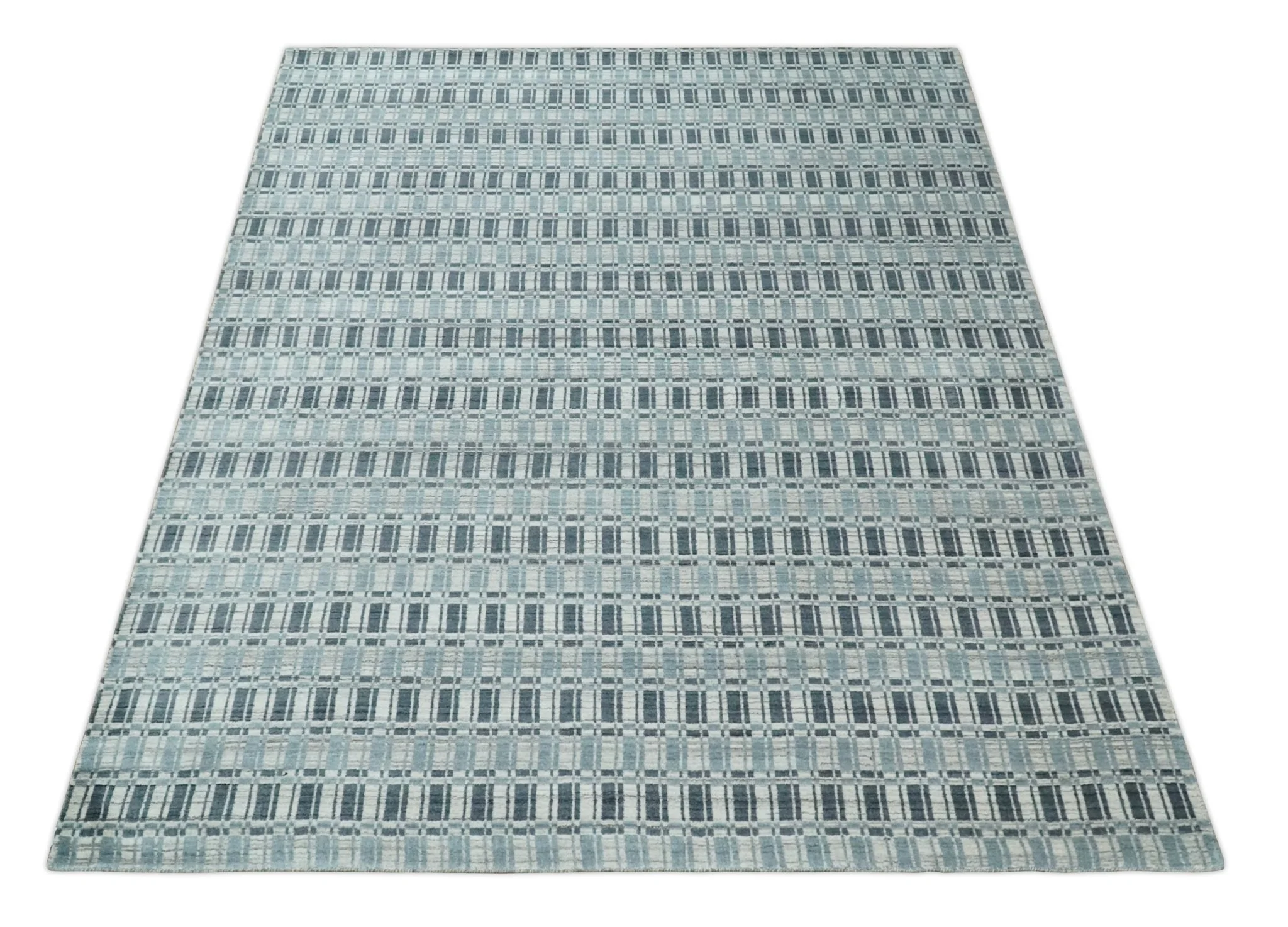 8x10 Hand Made Checkered Beige, Blue and Charcoal Scandinavian Blended Wool Flatwoven Area Rug | KE30 - Image 11