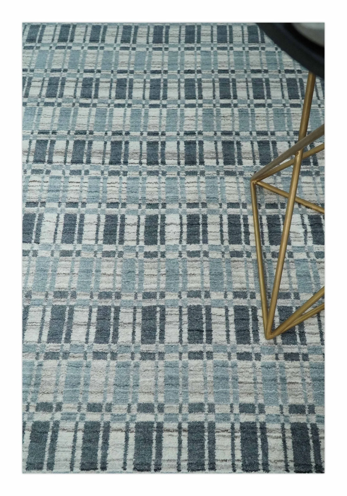8x10 Hand Made Checkered Beige, Blue and Charcoal Scandinavian Blended Wool Flatwoven Area Rug | KE30 - Image 2