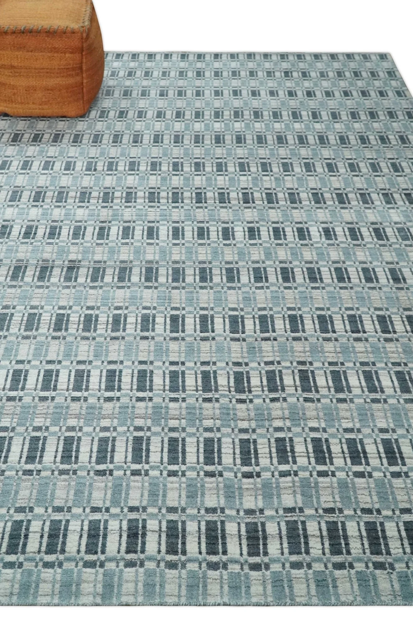 8x10 Hand Made Checkered Beige, Blue and Charcoal Scandinavian Blended Wool Flatwoven Area Rug | KE30 - Image 3