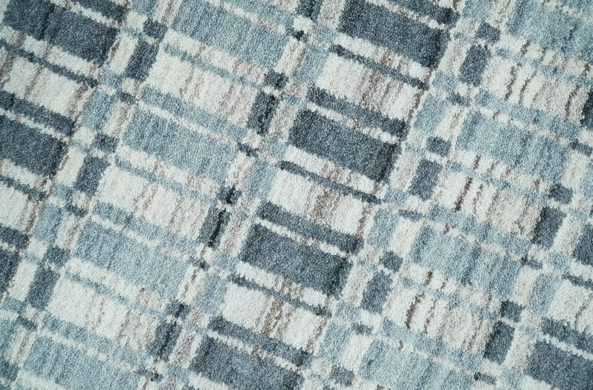 8x10 Hand Made Checkered Beige, Blue and Charcoal Scandinavian Blended Wool Flatwoven Area Rug | KE30 - Image 4
