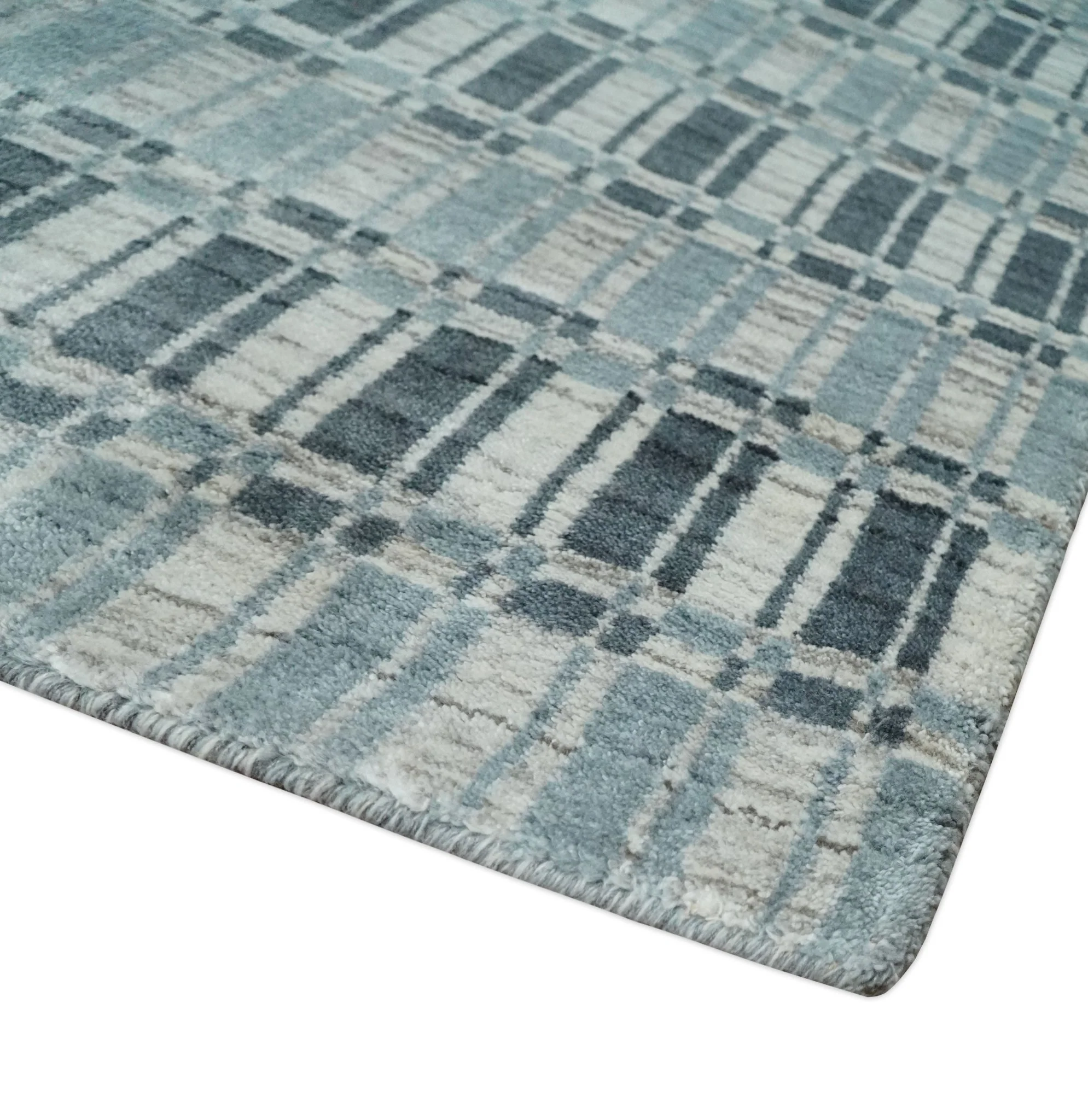 8x10 Hand Made Checkered Beige, Blue and Charcoal Scandinavian Blended Wool Flatwoven Area Rug | KE30 - Image 5