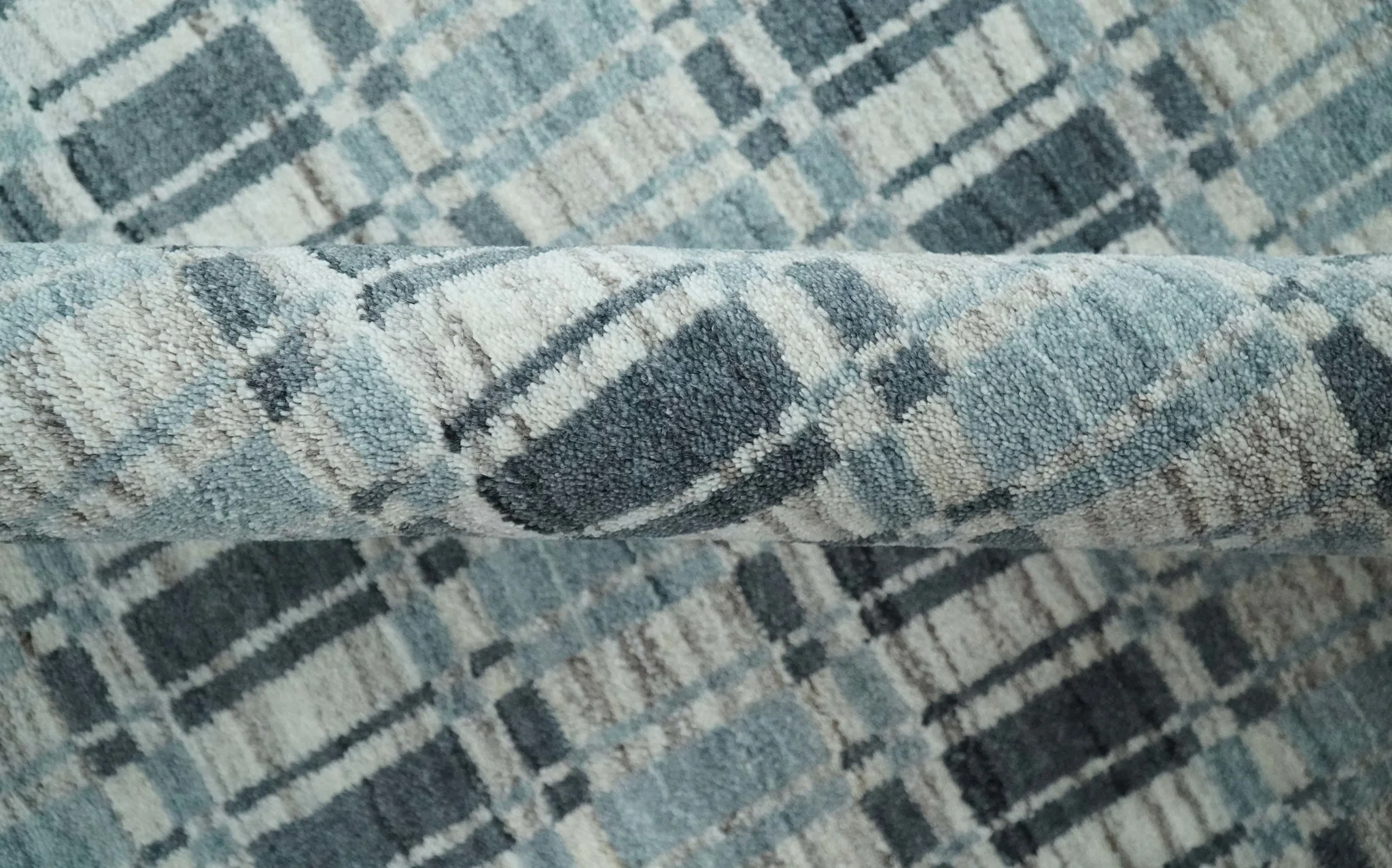 8x10 Hand Made Checkered Beige, Blue and Charcoal Scandinavian Blended Wool Flatwoven Area Rug | KE30 - Image 6