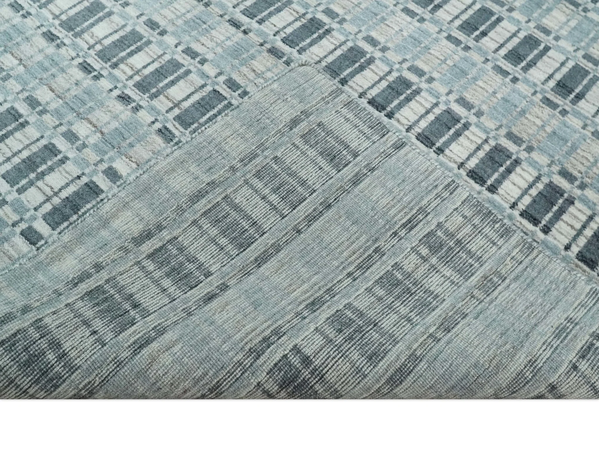 8x10 Hand Made Checkered Beige, Blue and Charcoal Scandinavian Blended Wool Flatwoven Area Rug | KE30 - Image 7