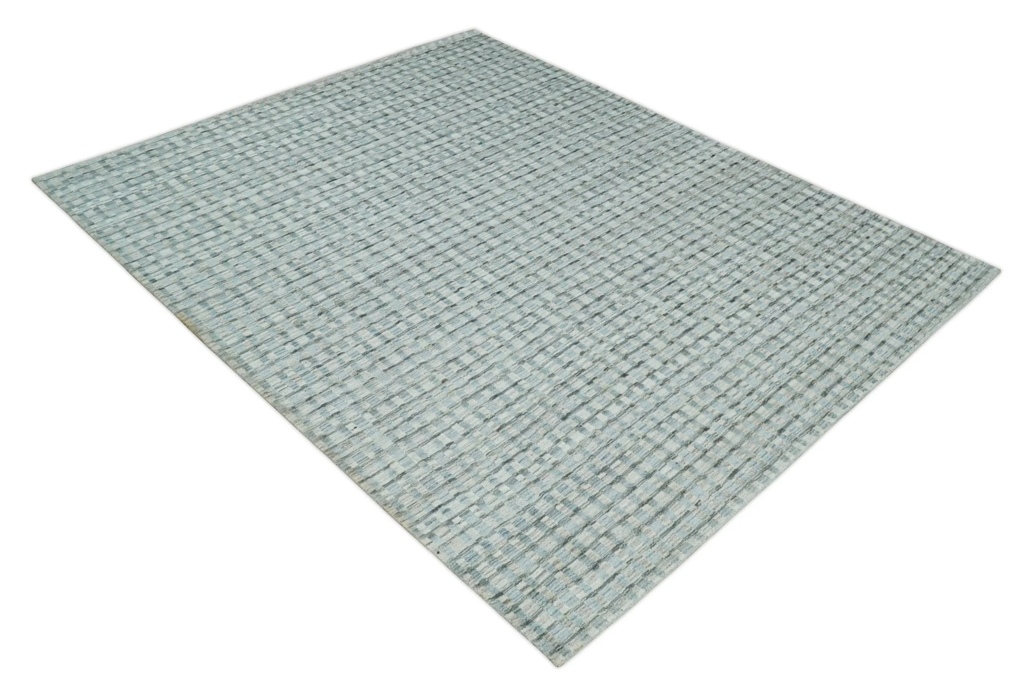8x10 Hand Made Checkered Blue, Ivory and Brown Scandinavian Blended Wool Flatwoven Area Rug | KE40 - Image 10