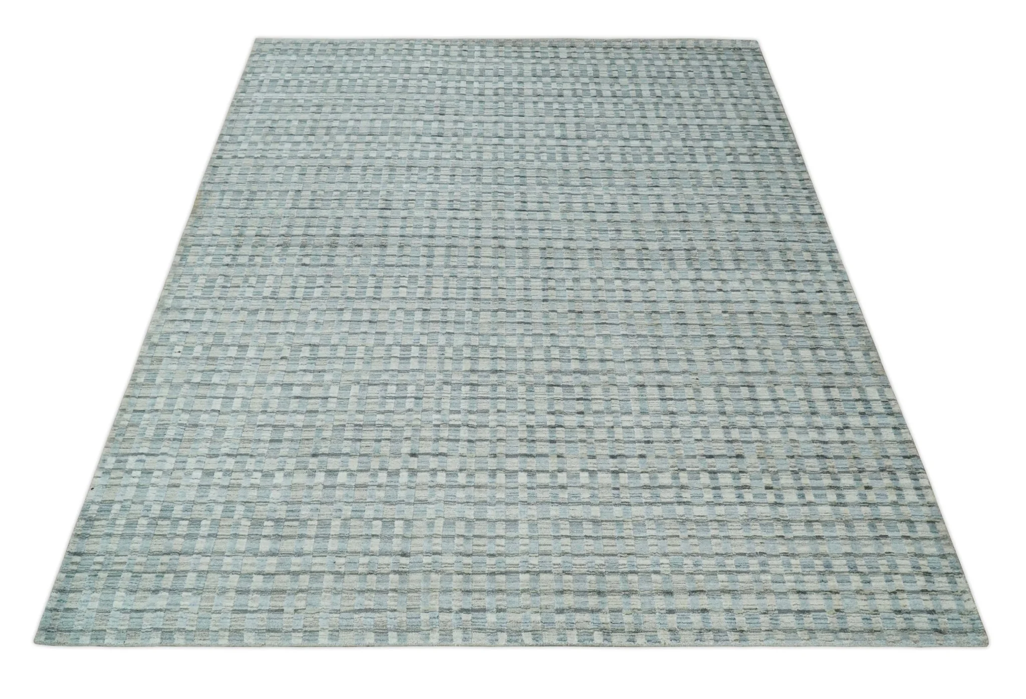 8x10 Hand Made Checkered Blue, Ivory and Brown Scandinavian Blended Wool Flatwoven Area Rug | KE40 - Image 11