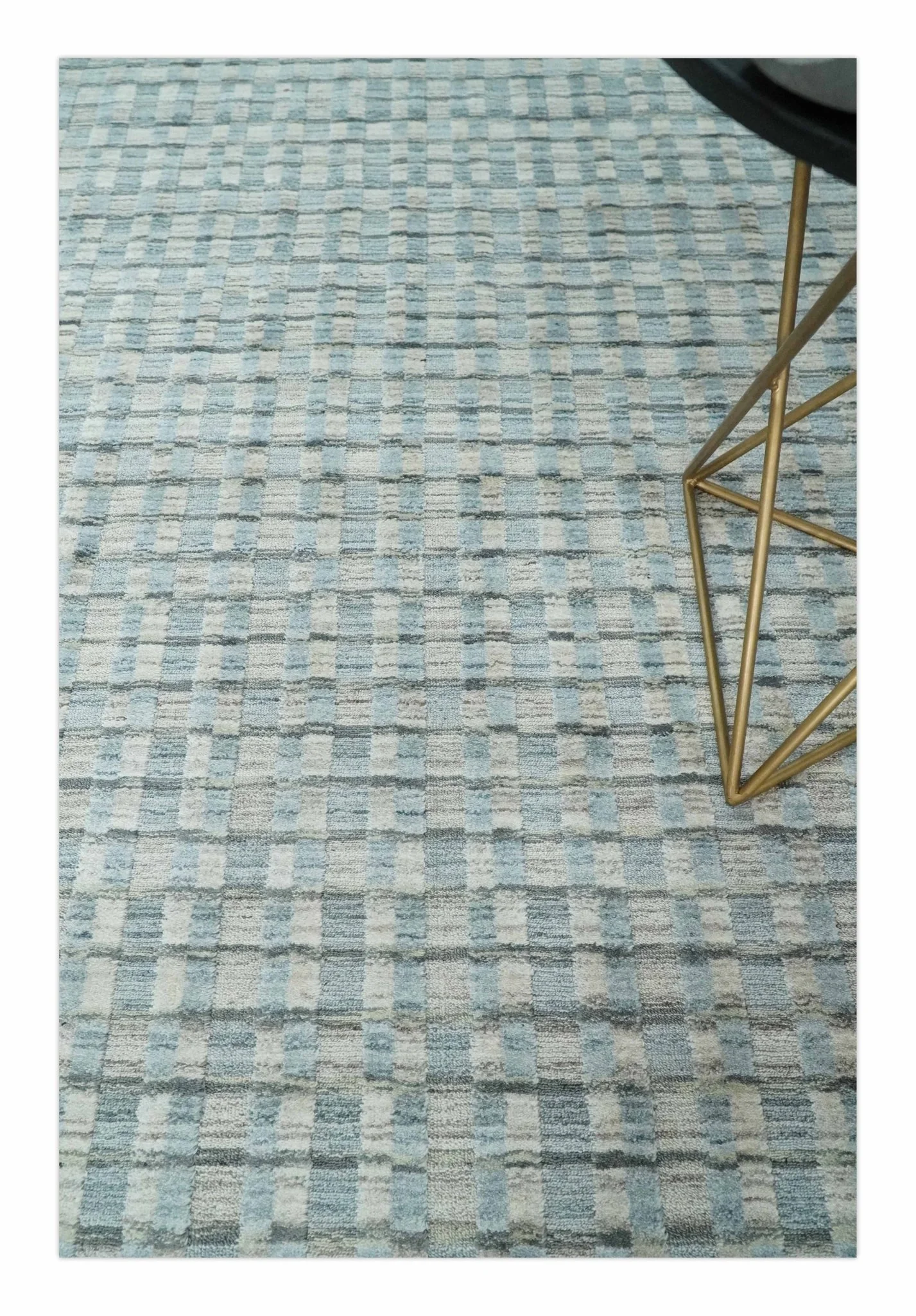 8x10 Hand Made Checkered Blue, Ivory and Brown Scandinavian Blended Wool Flatwoven Area Rug | KE40 - Image 2