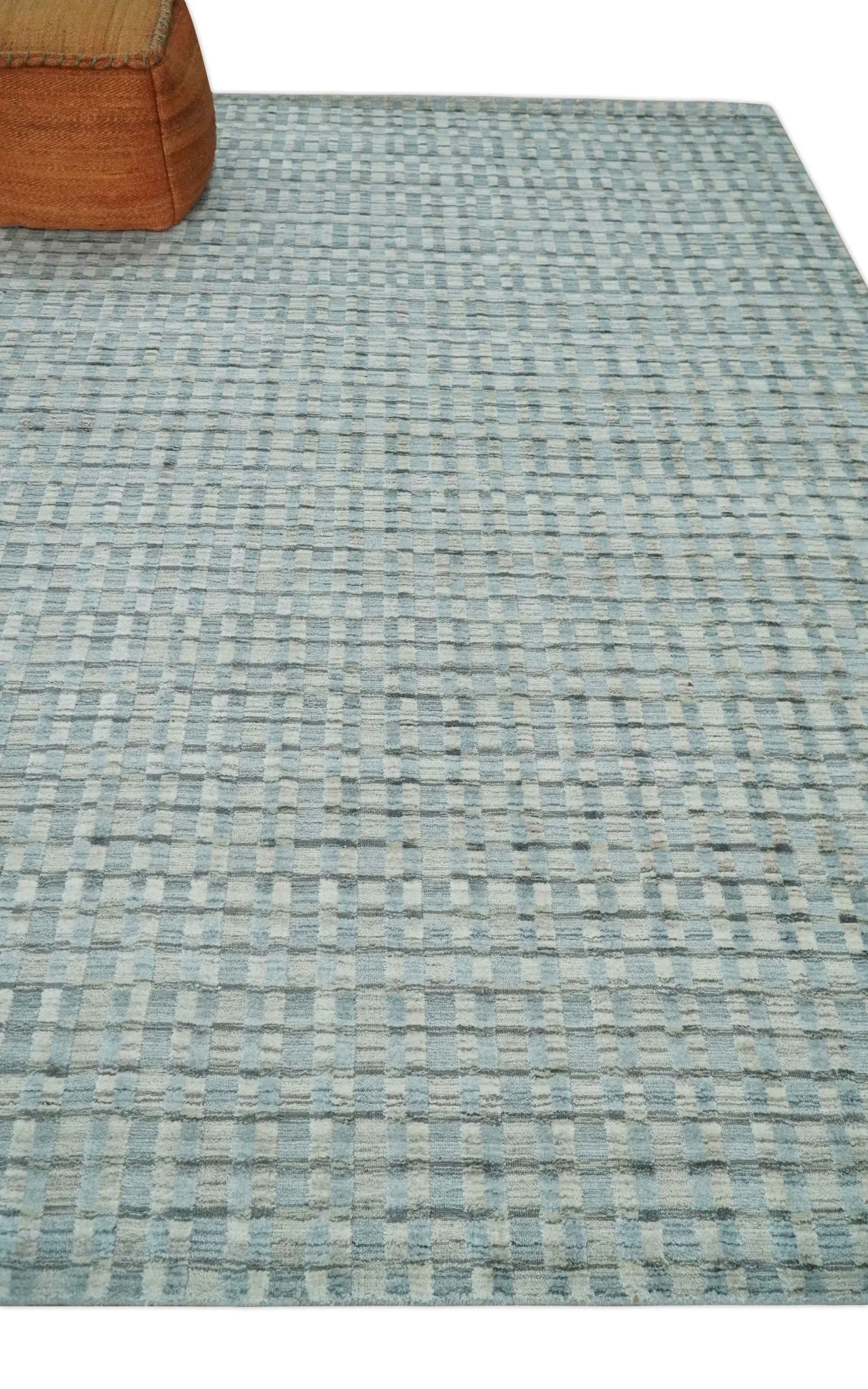 8x10 Hand Made Checkered Blue, Ivory and Brown Scandinavian Blended Wool Flatwoven Area Rug | KE40 - Image 3