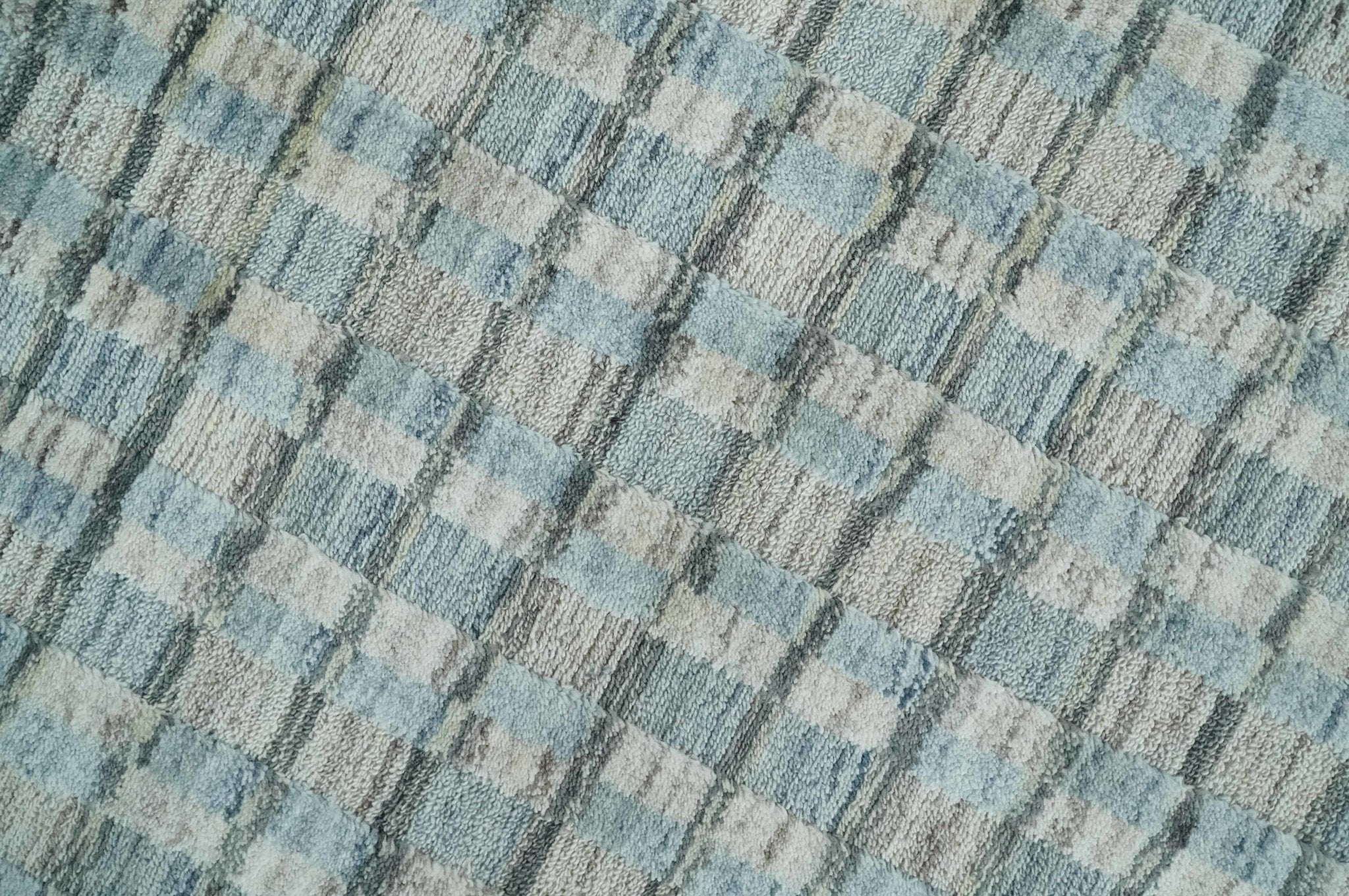 8x10 Hand Made Checkered Blue, Ivory and Brown Scandinavian Blended Wool Flatwoven Area Rug | KE40 - Image 4