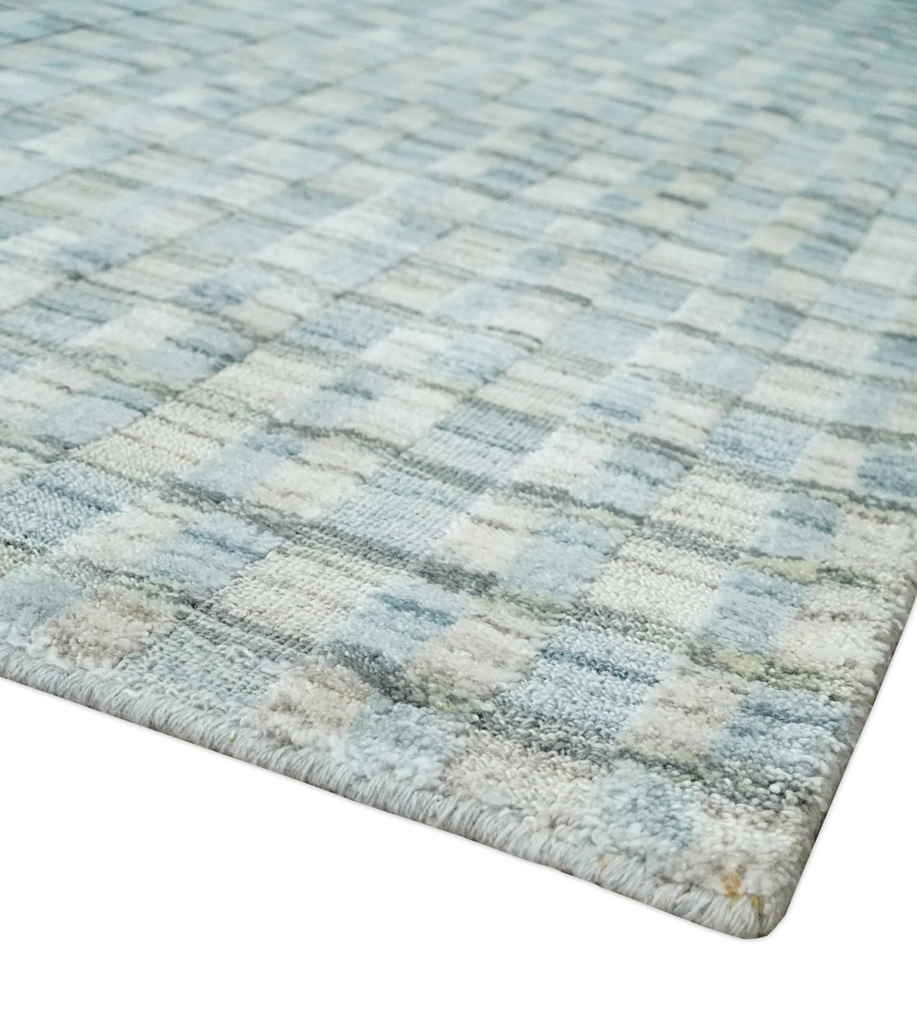 8x10 Hand Made Checkered Blue, Ivory and Brown Scandinavian Blended Wool Flatwoven Area Rug | KE40 - Image 5