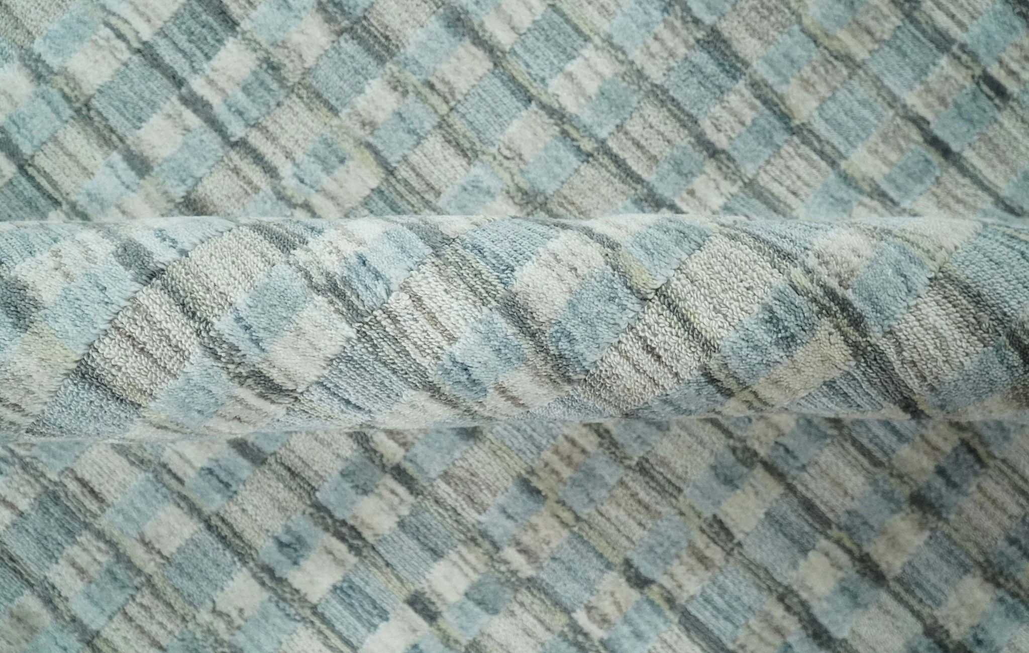 8x10 Hand Made Checkered Blue, Ivory and Brown Scandinavian Blended Wool Flatwoven Area Rug | KE40 - Image 6