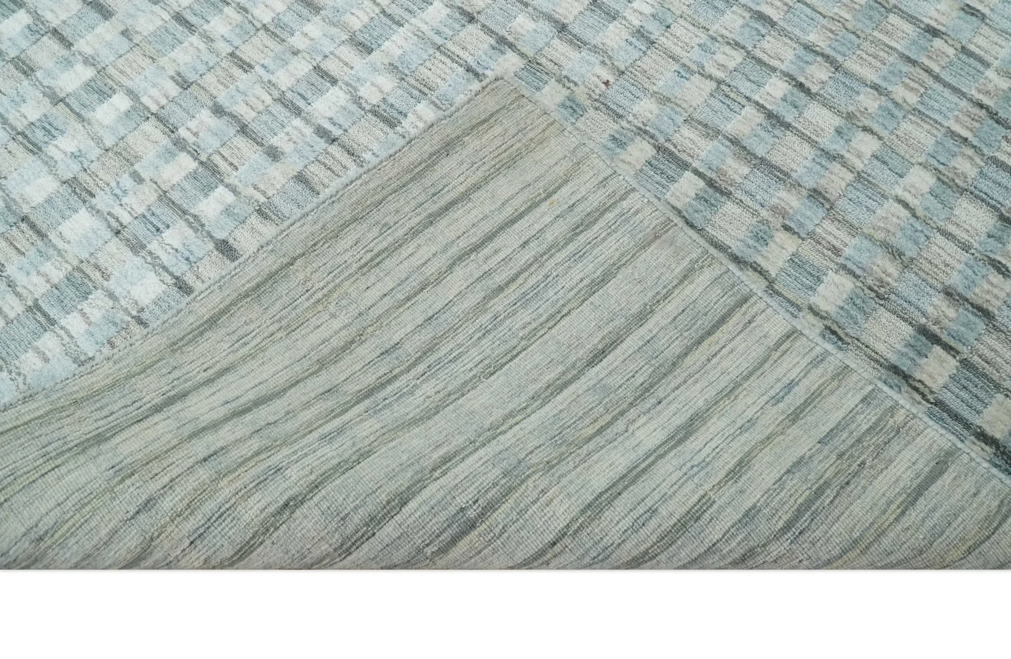 8x10 Hand Made Checkered Blue, Ivory and Brown Scandinavian Blended Wool Flatwoven Area Rug | KE40 - Image 7