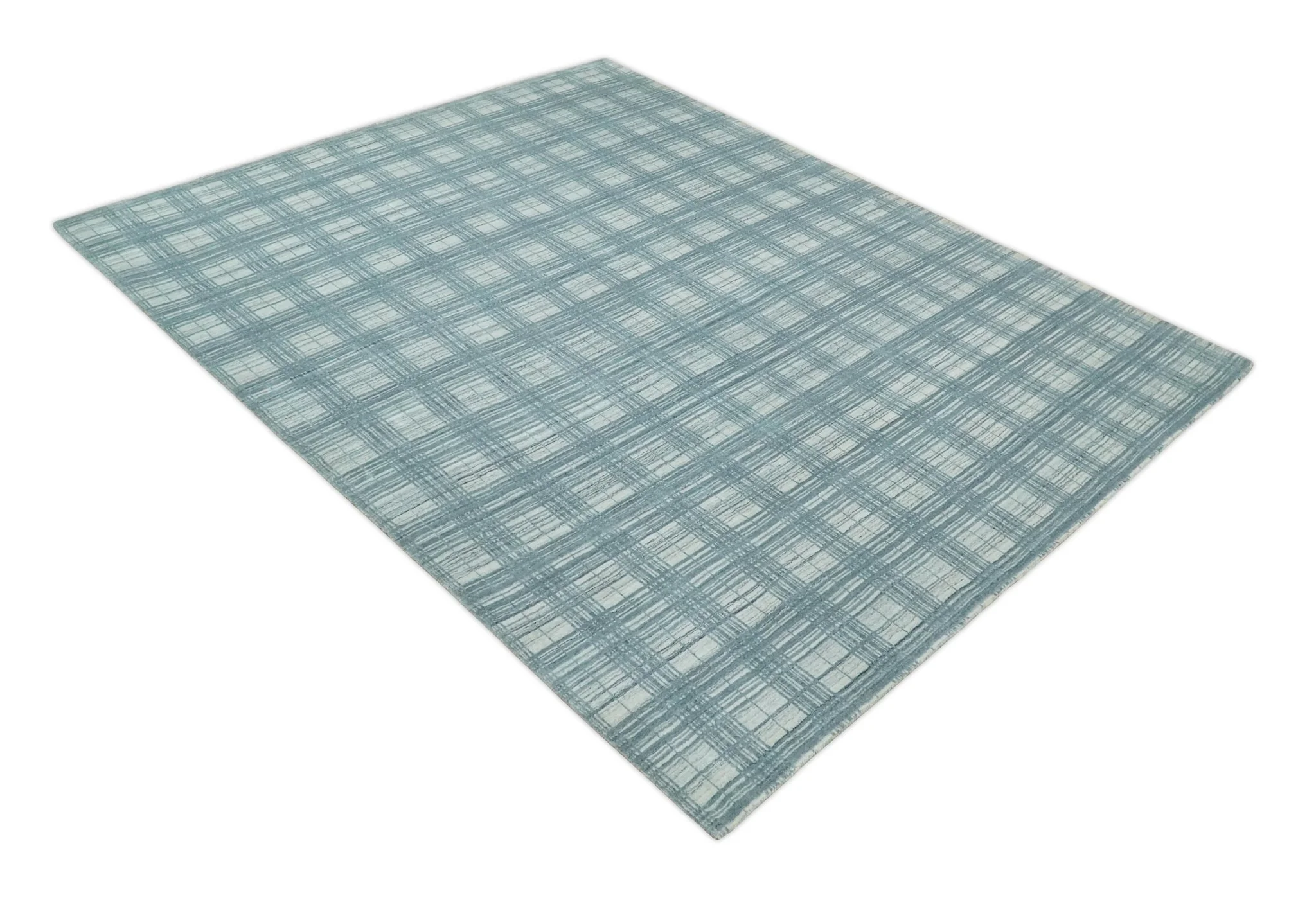 8x10 Hand Made Checkered Ivory and Blue Scandinavian Blended Wool Flatwoven Area Rug | KE21 - Image 10