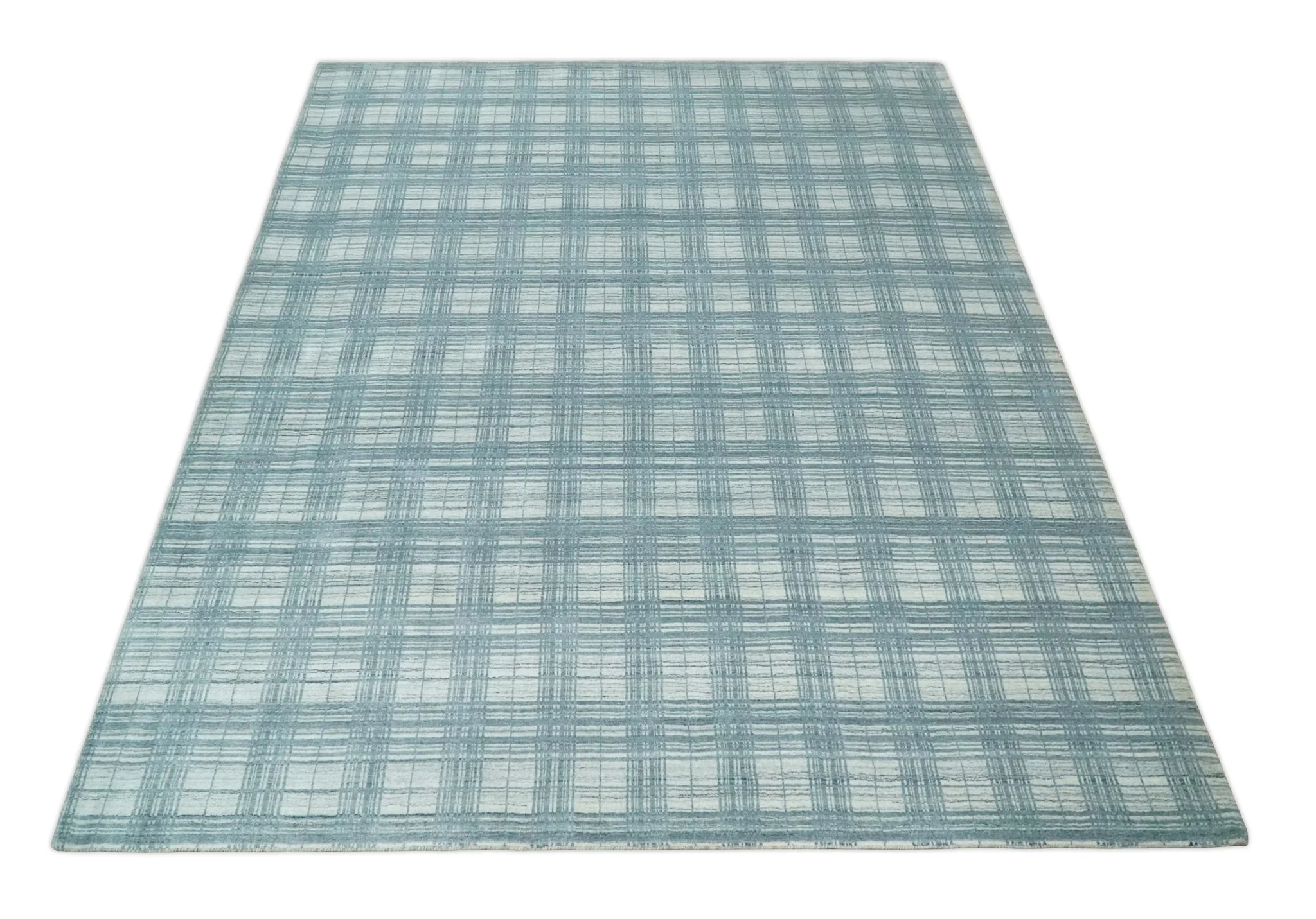 8x10 Hand Made Checkered Ivory and Blue Scandinavian Blended Wool Flatwoven Area Rug | KE21 - Image 11