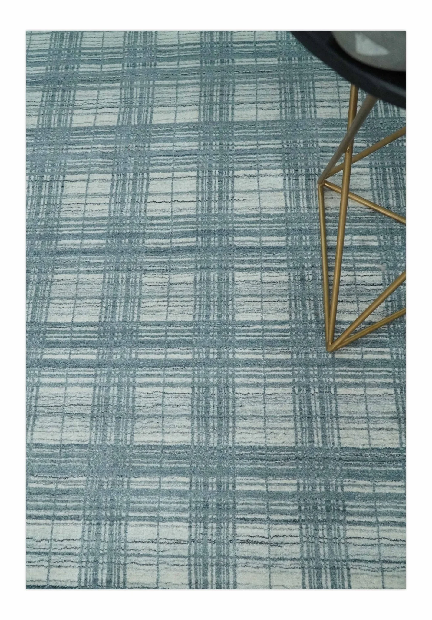 8x10 Hand Made Checkered Ivory and Blue Scandinavian Blended Wool Flatwoven Area Rug | KE21 - Image 2
