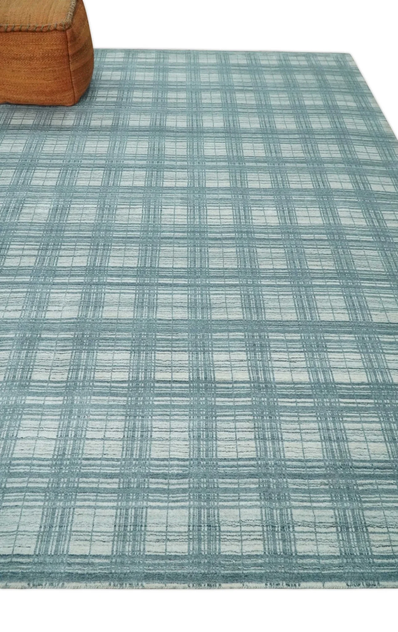 8x10 Hand Made Checkered Ivory and Blue Scandinavian Blended Wool Flatwoven Area Rug | KE21 - Image 3