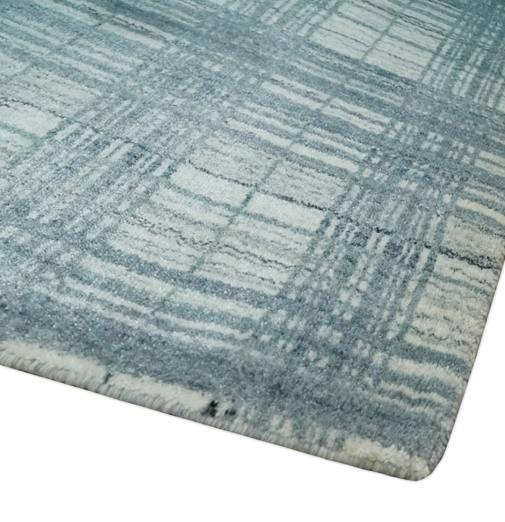 8x10 Hand Made Checkered Ivory and Blue Scandinavian Blended Wool Flatwoven Area Rug | KE21 - Image 5